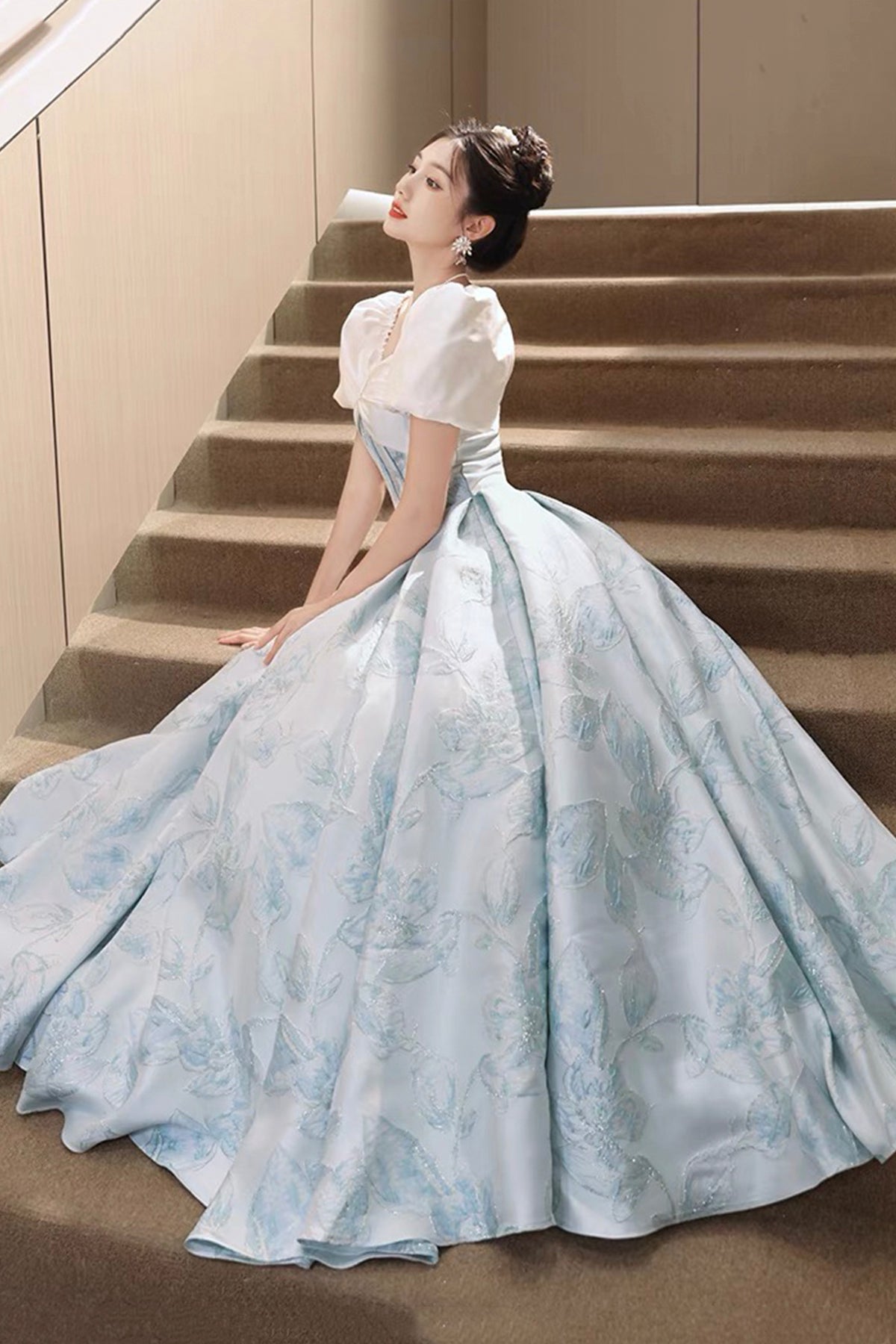 White and Blue Floral Pattern Long Prom Dress, Beautiful A-Line Party Dress