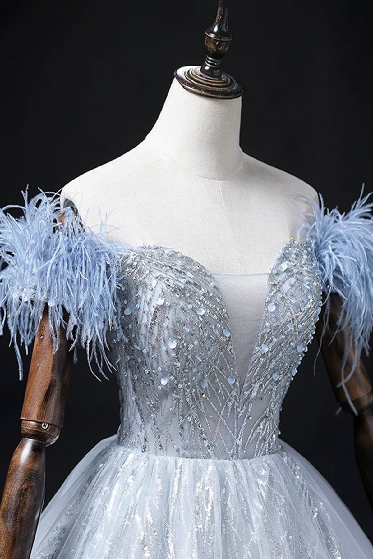 Blue Tulle Beads Long Prom Dress, Elegant A-Line Evening Party Dress