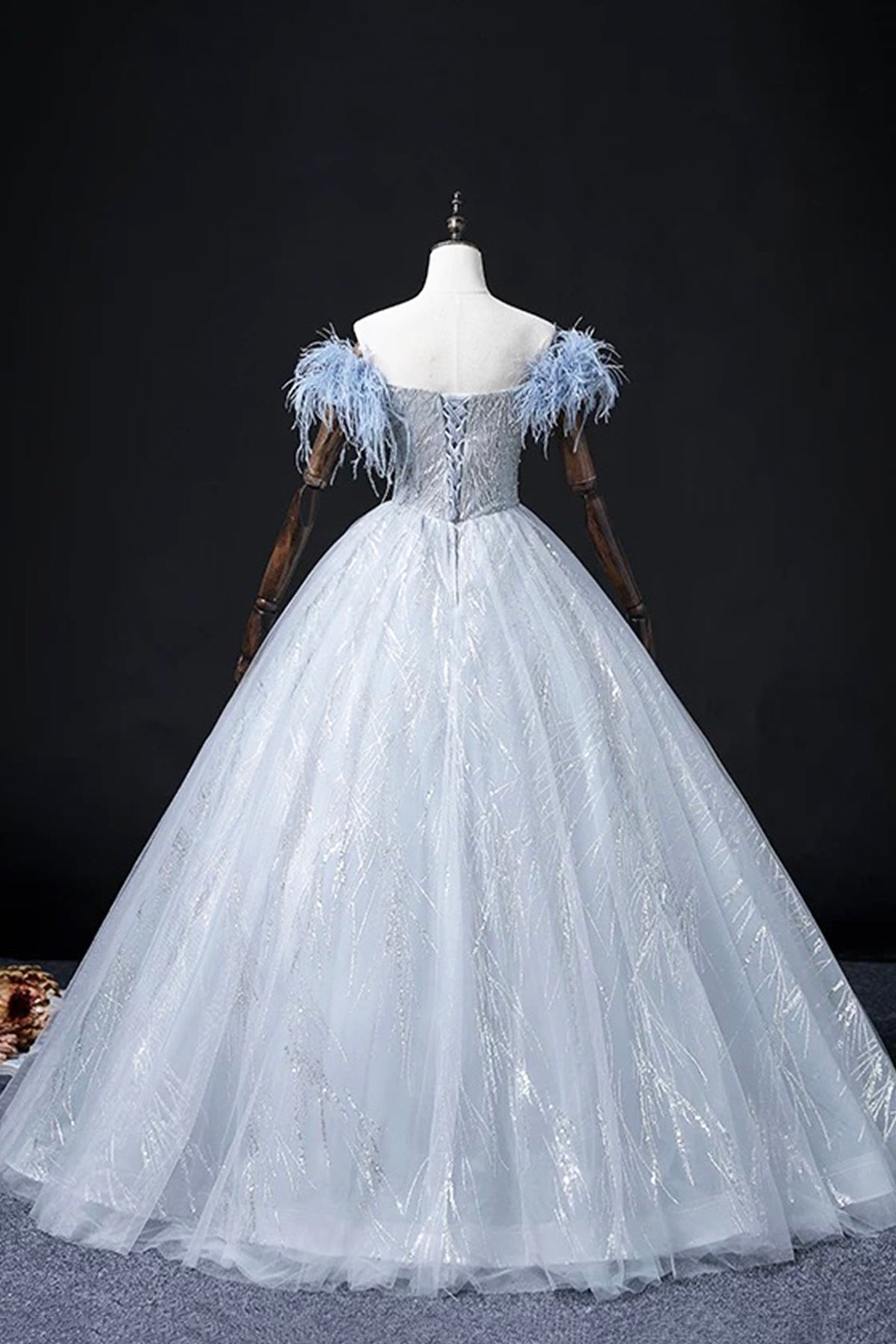 Blue Tulle Beads Long Prom Dress, Elegant A-Line Evening Party Dress
