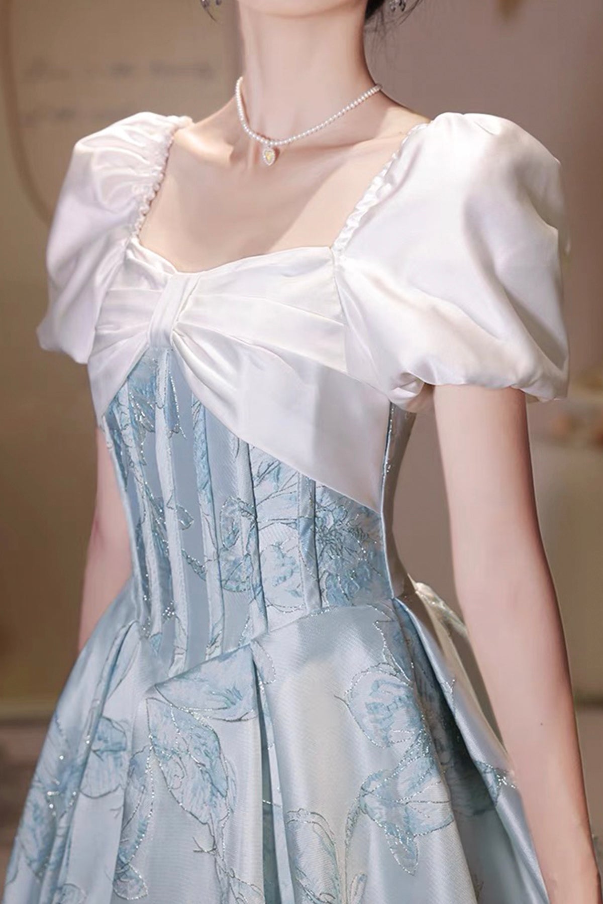 White and Blue Floral Pattern Long Prom Dress, Beautiful A-Line Party Dress