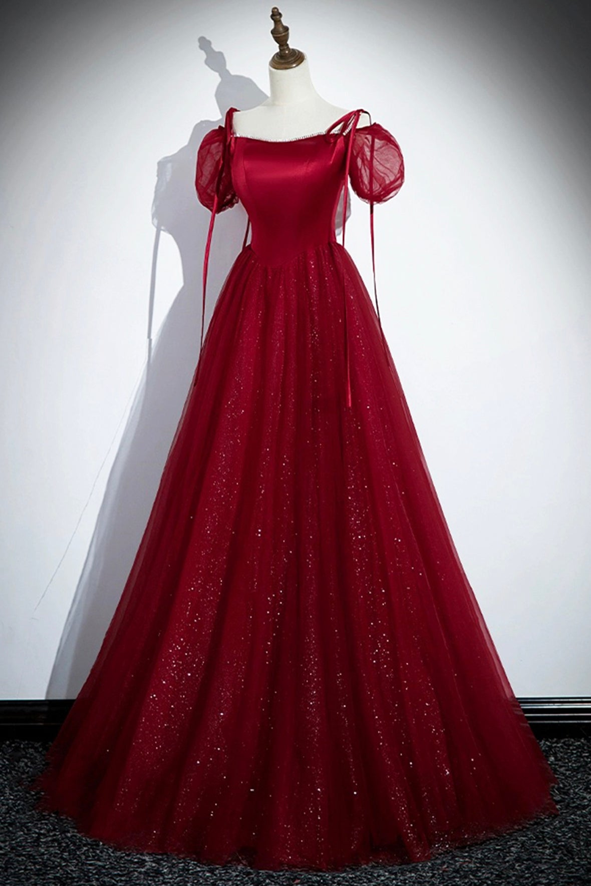 Burgundy Satin Tulle Long Prom Dress, A-Line Off the Shoulder Party Dress