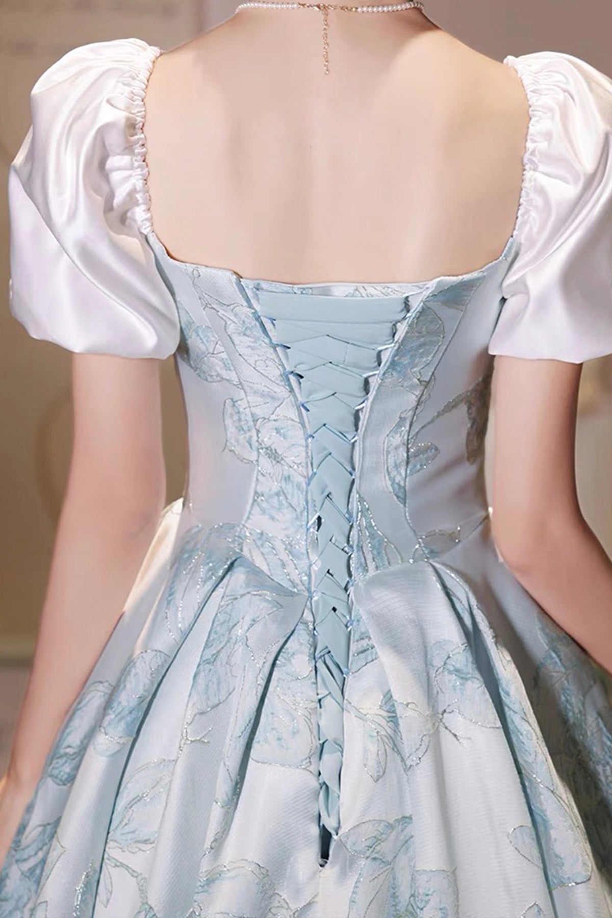 White and Blue Floral Pattern Long Prom Dress, Beautiful A-Line Party Dress