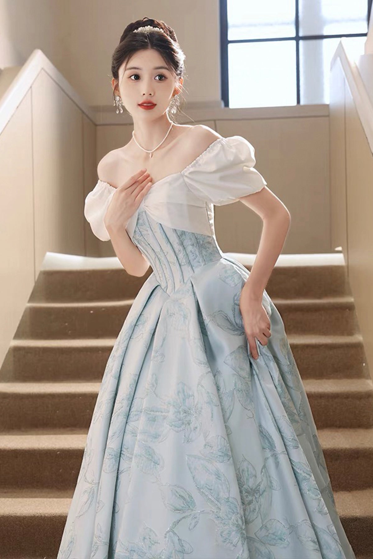 White and Blue Floral Pattern Long Prom Dress, Beautiful A-Line Party Dress