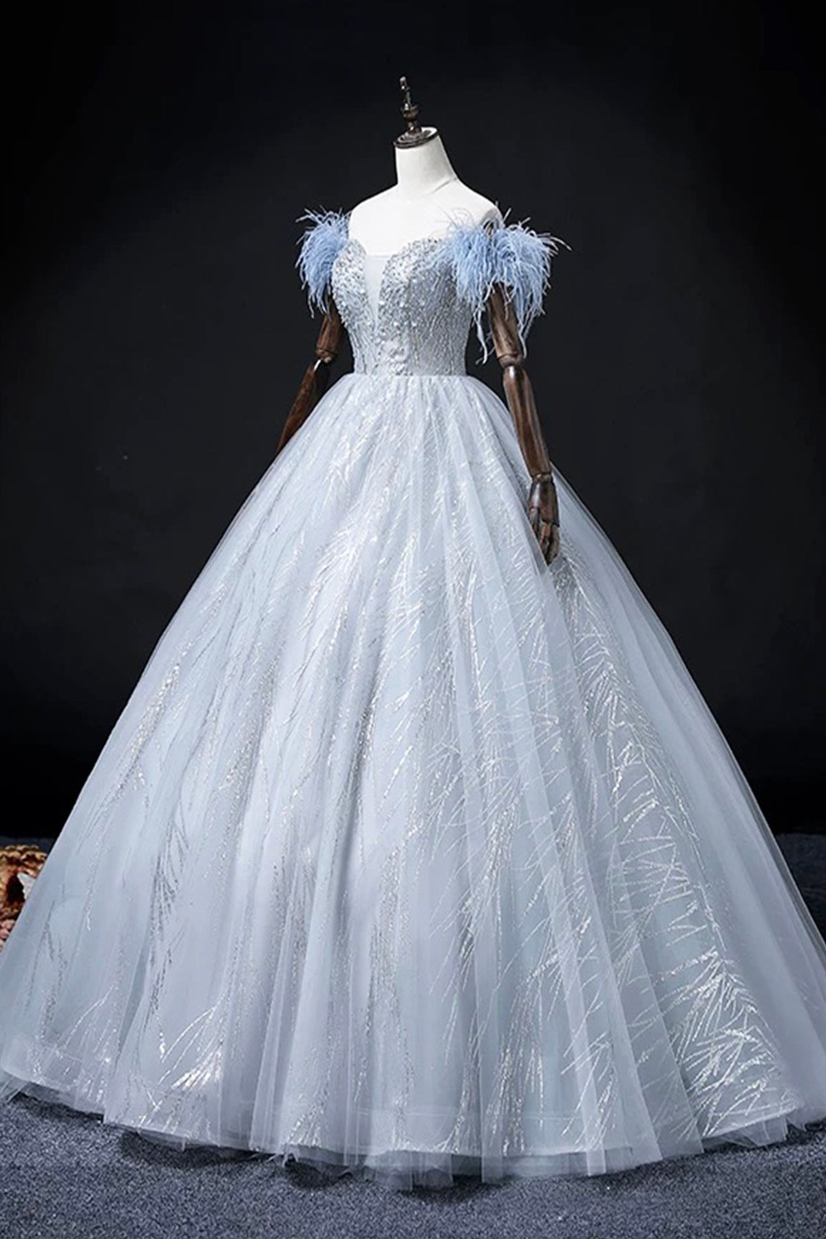 Blue Tulle Beads Long Prom Dress, Elegant A-Line Evening Party Dress