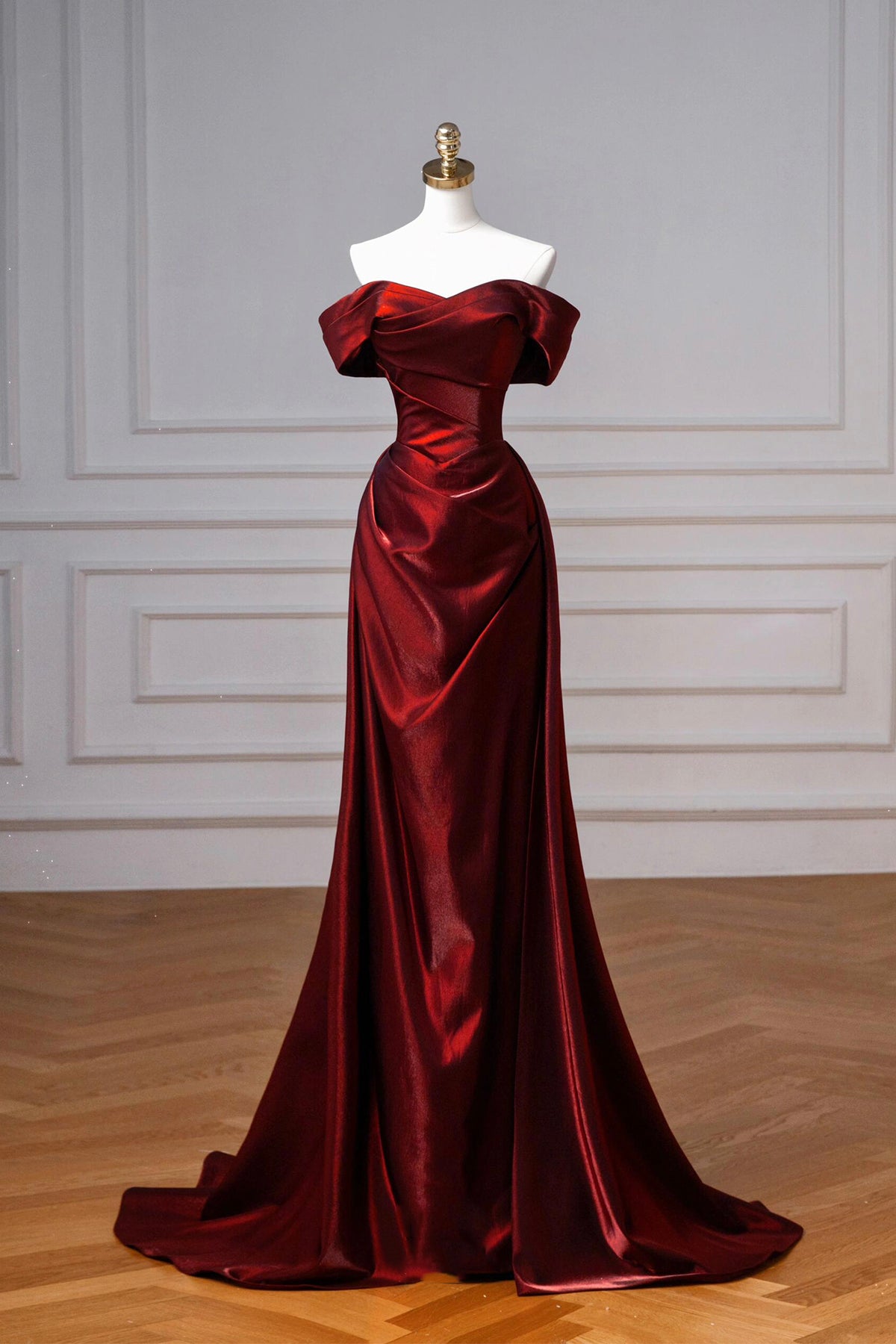 Burgundy Satin Long Prom Dress, A-Line Off the Shoulder Evening Party Dress