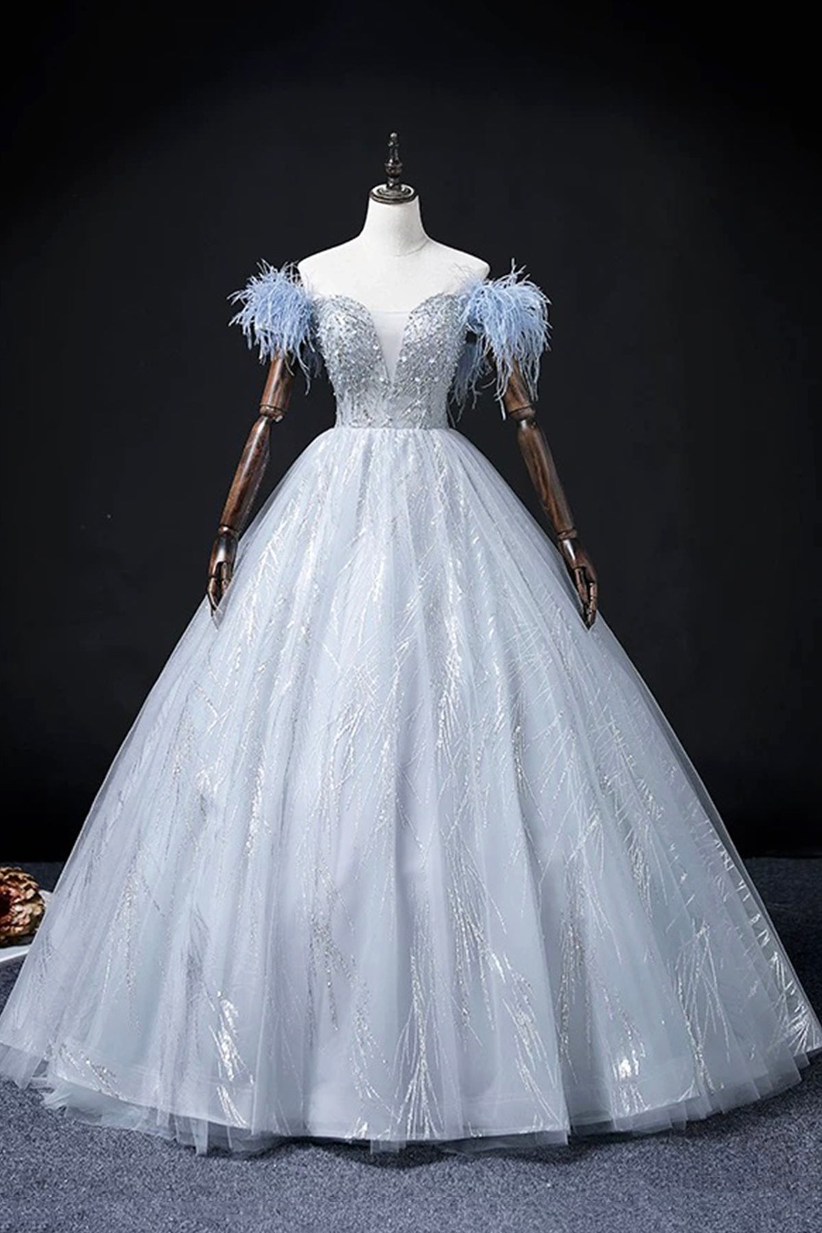 Blue Tulle Beads Long Prom Dress, Elegant A-Line Evening Party Dress