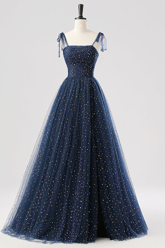 Blue Spaghetti Strap Tulle Long Prom Dress, Beautiful A-Line Party Dress