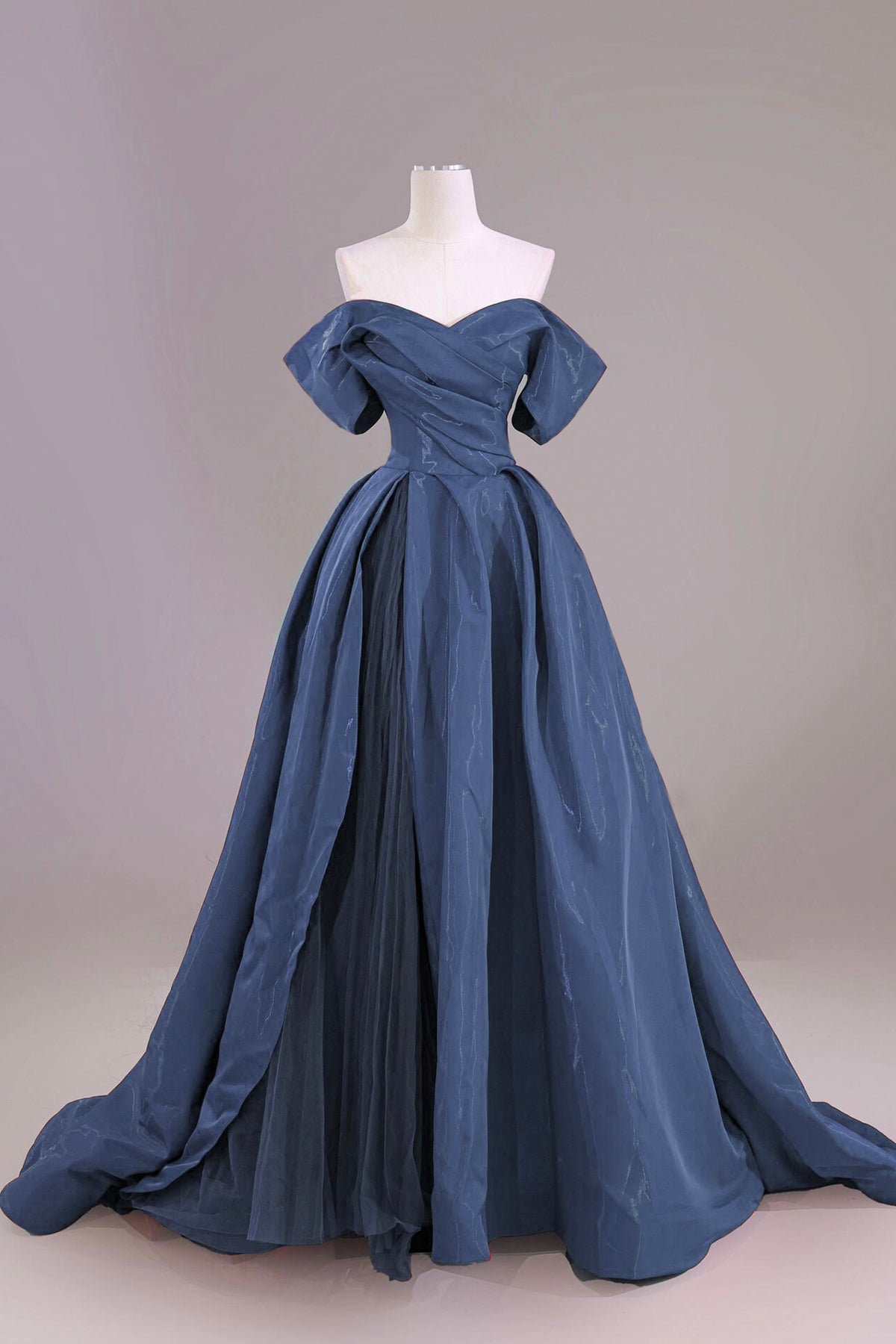 Navy Satin Long Prom Dress, Beautiful Off the Shoulder Party Dress