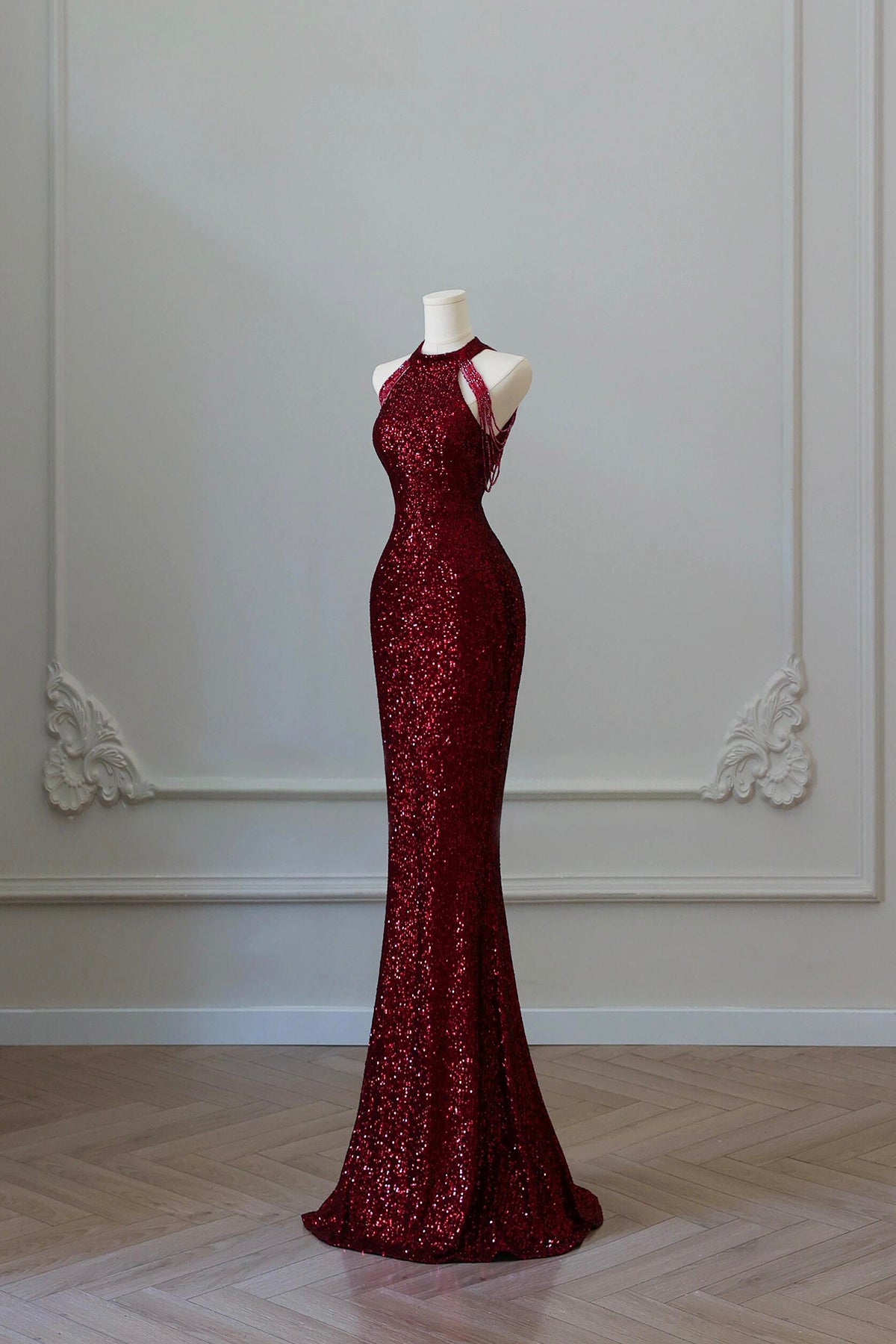 Burgundy Sequins Long Prom Dress, Mermaid Halter Neck Party Dress