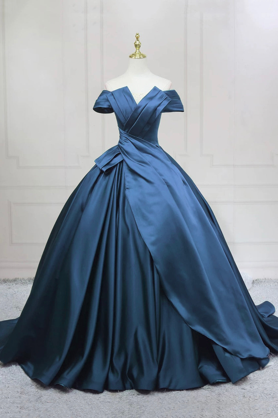 Blue Satin Long Formal Dress, Elegant Off the Shoulder Party Evening Gown
