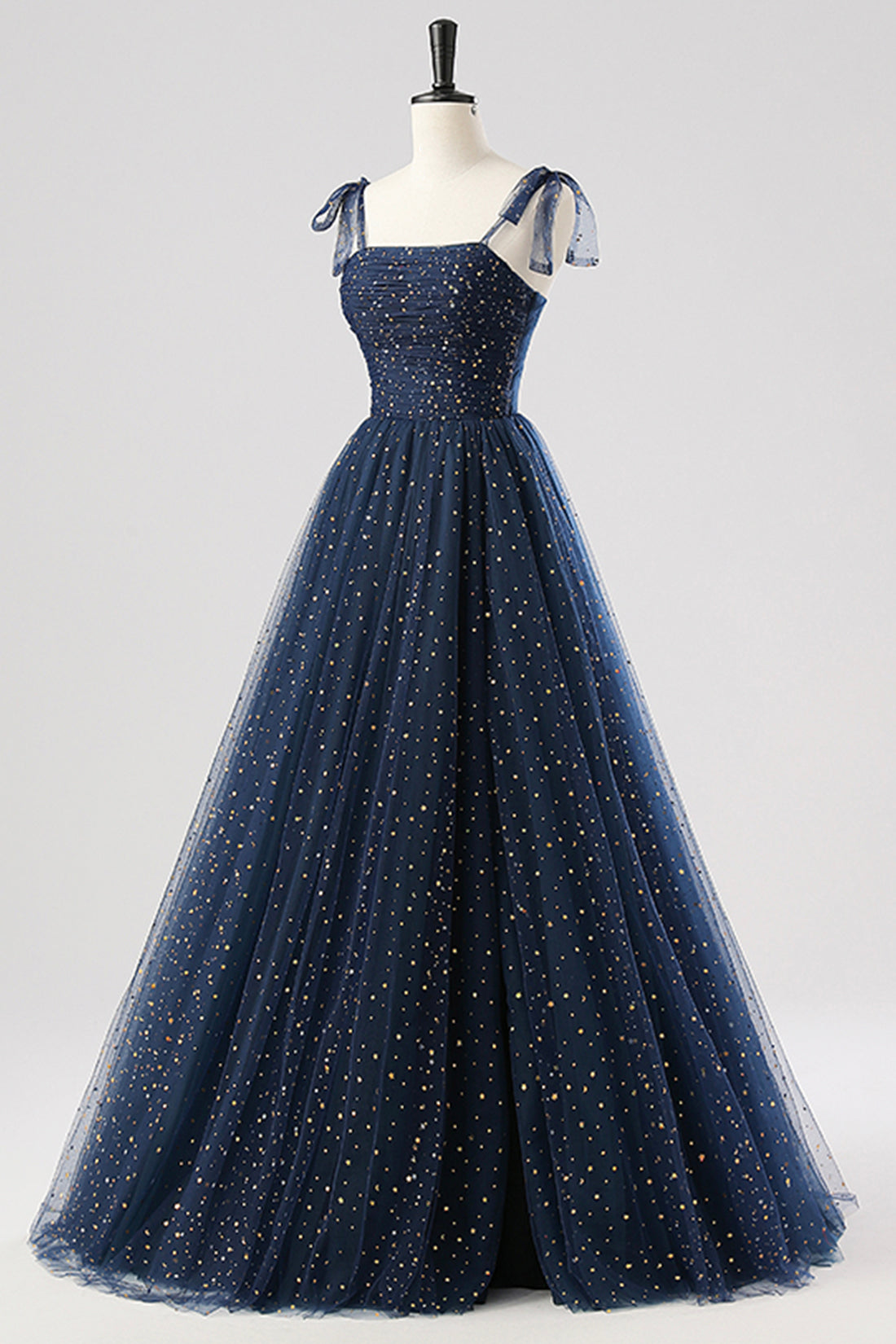 Blue Spaghetti Strap Tulle Long Prom Dress, Beautiful A-Line Party Dress