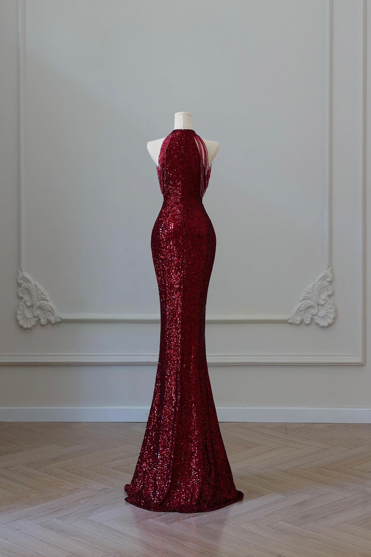 Burgundy Sequins Long Prom Dress, Mermaid Halter Neck Party Dress