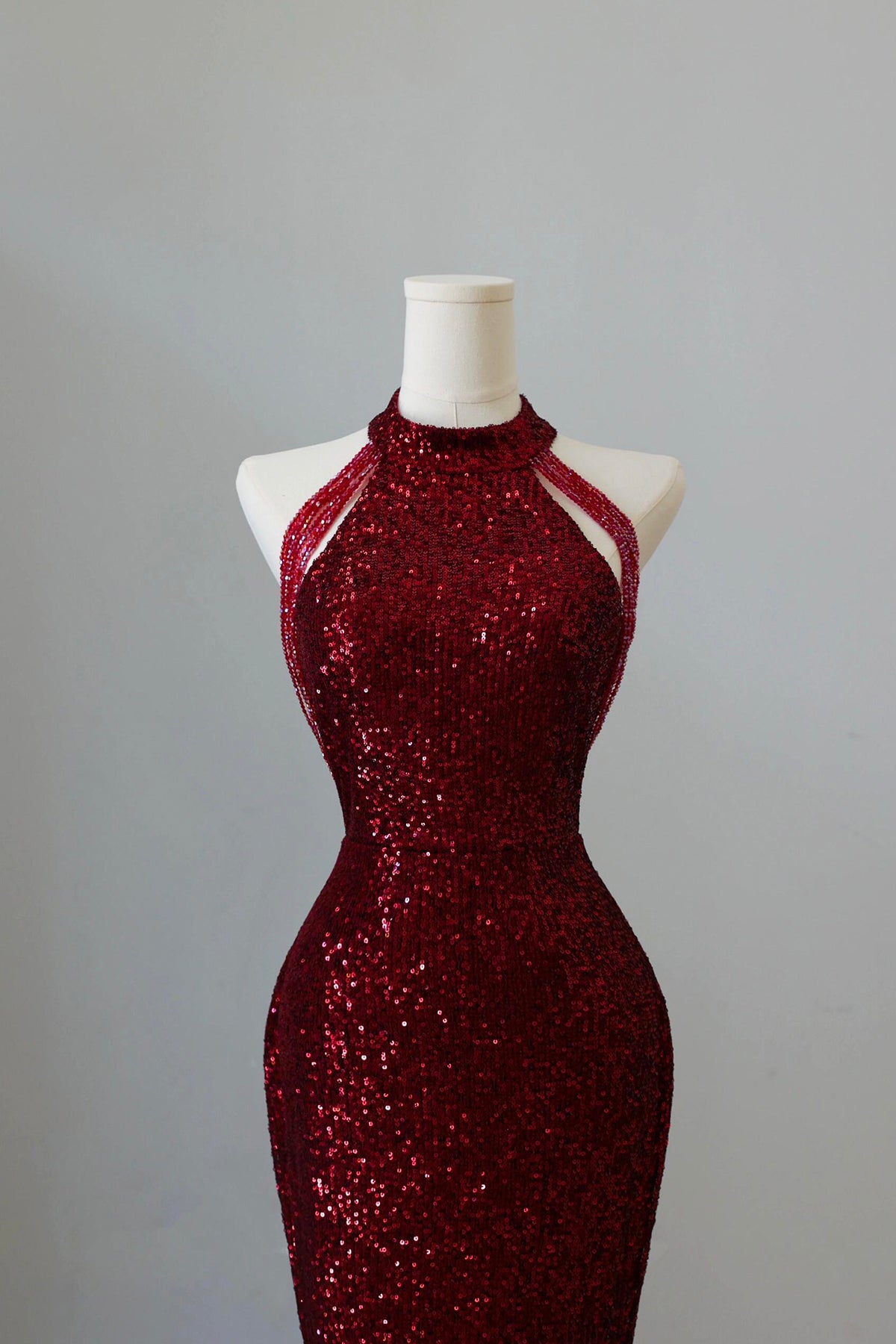 Burgundy Sequins Long Prom Dress, Mermaid Halter Neck Party Dress