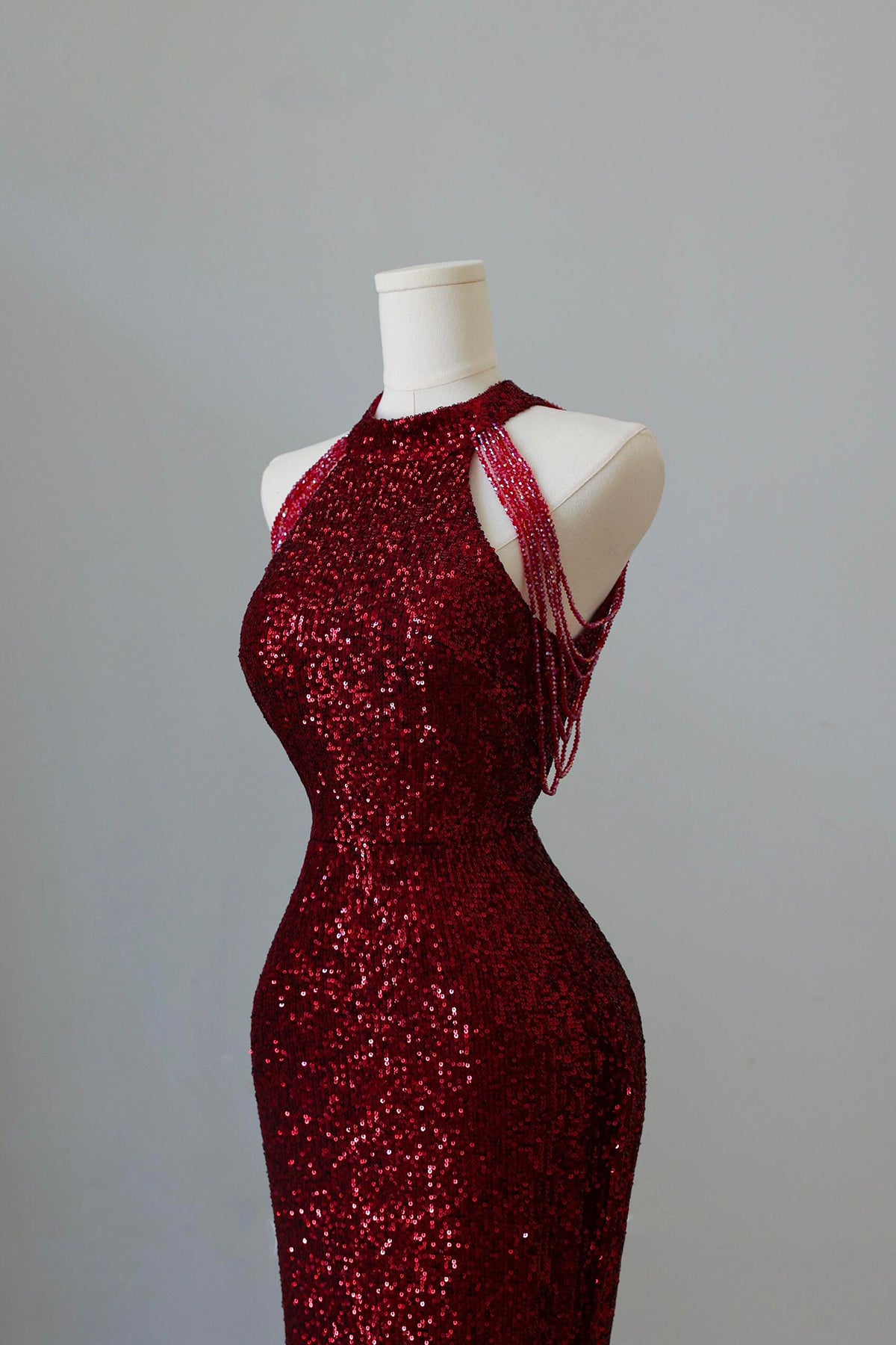 Burgundy Sequins Long Prom Dress, Mermaid Halter Neck Party Dress