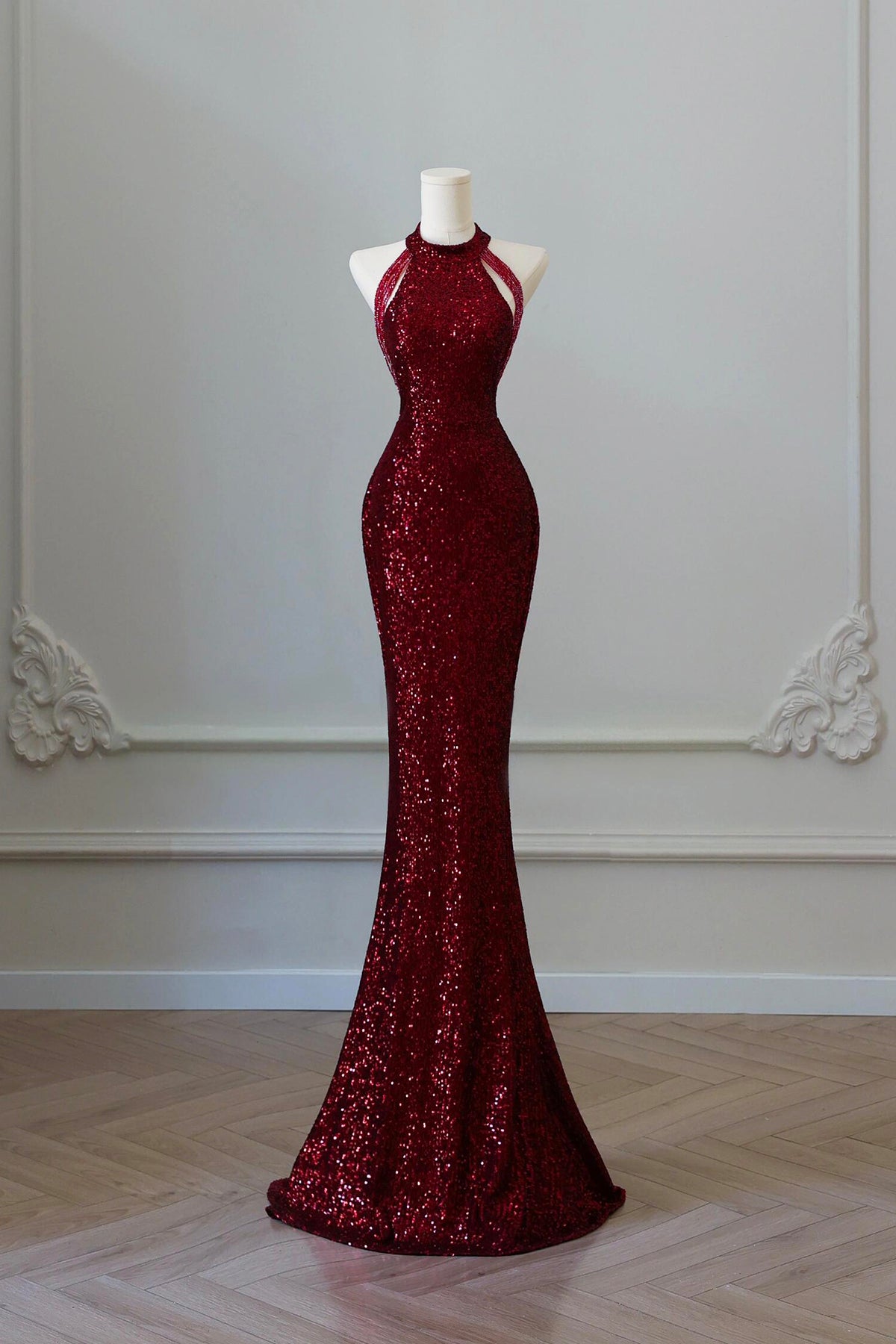 Burgundy Sequins Long Prom Dress, Mermaid Halter Neck Party Dress