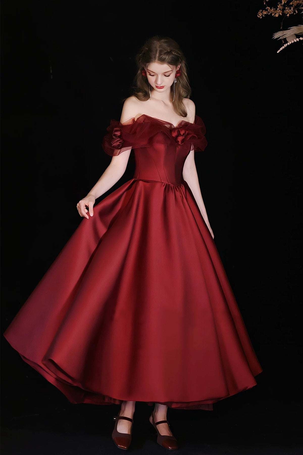 Burgundy Satin Tea Length Prom Dress, Off the Shoulder Evening Party Dress