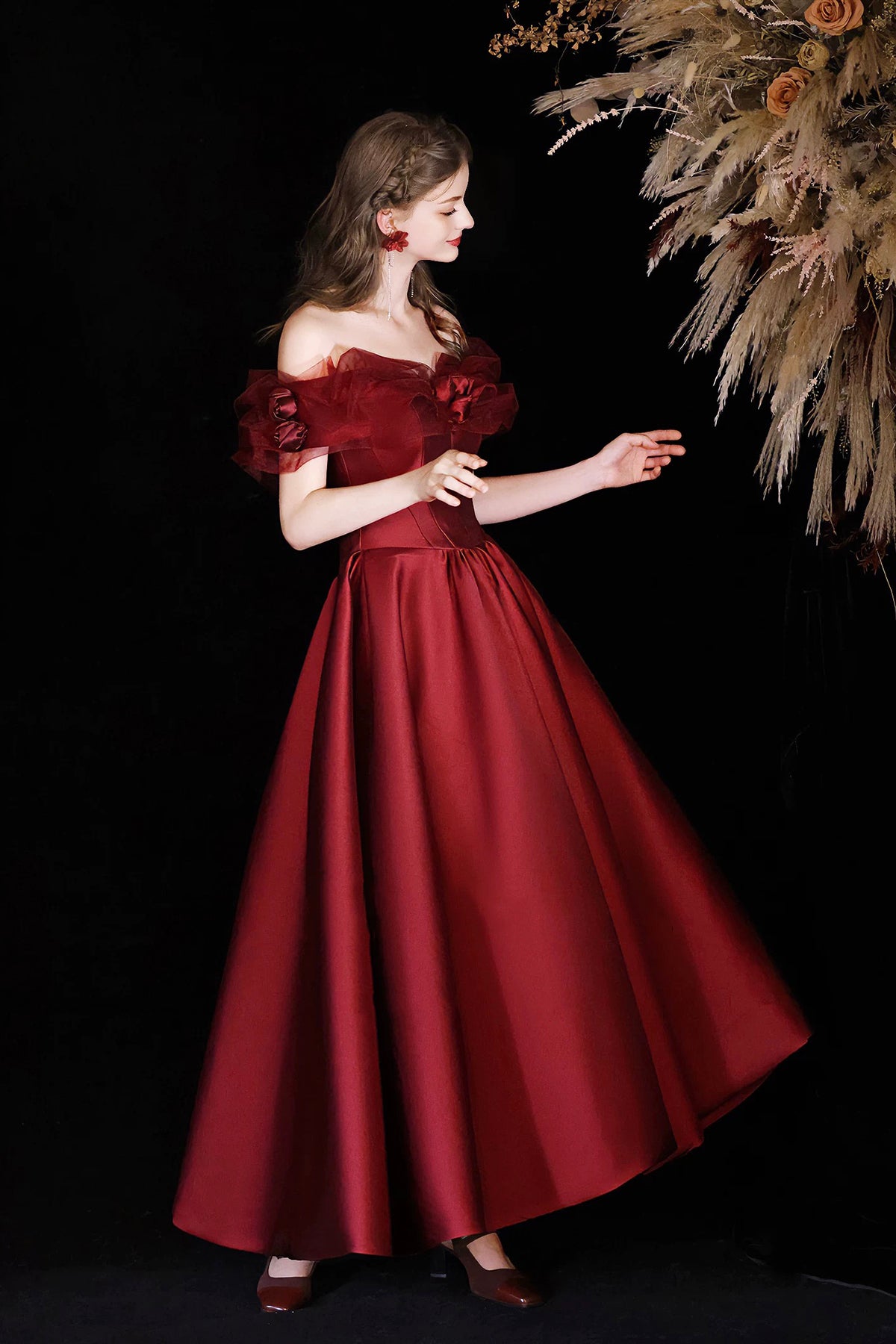Burgundy Satin Tea Length Prom Dress, Off the Shoulder Evening Party Dress