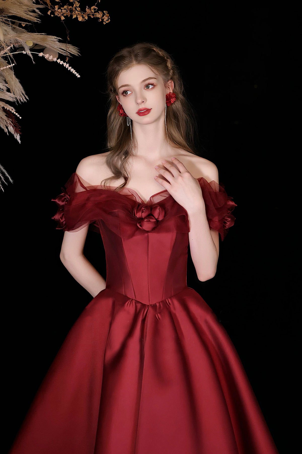 Burgundy Satin Tea Length Prom Dress, Off the Shoulder Evening Party Dress