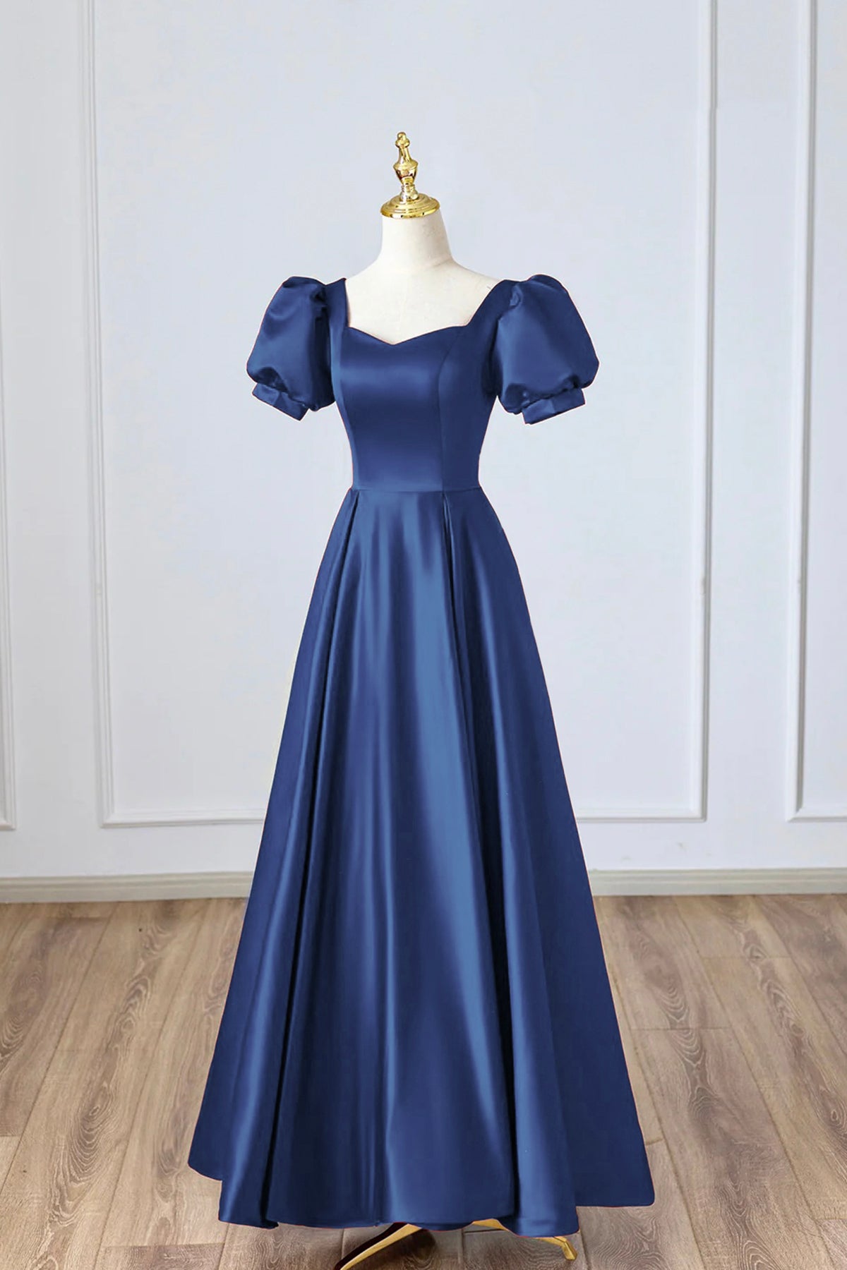 Navy Satin Long Prom Dress, A-Line Short Sleeve Evening Party Dress