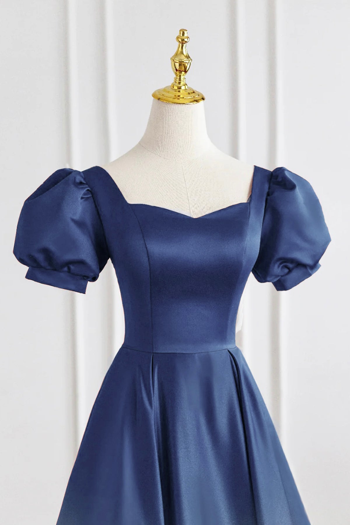 Navy Satin Long Prom Dress, A-Line Short Sleeve Evening Party Dress