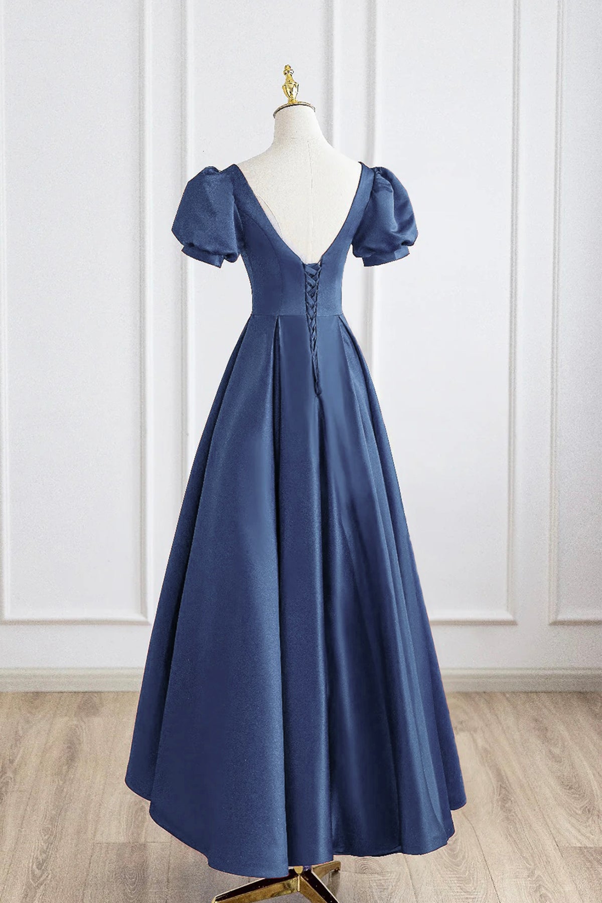 Navy Satin Long Prom Dress, A-Line Short Sleeve Evening Party Dress