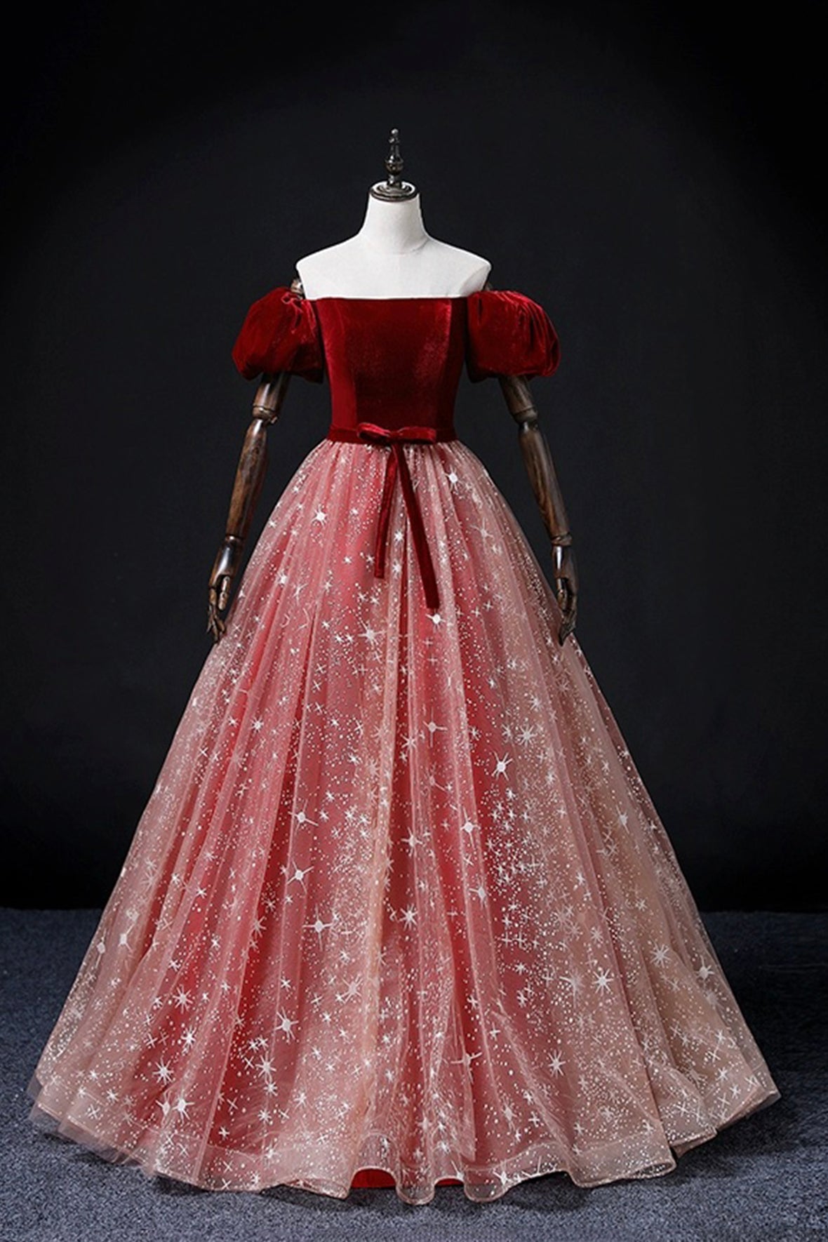Burgundy Velvet Tulle Long Prom Dress, Elegant Short Sleeve Evening Party Dress