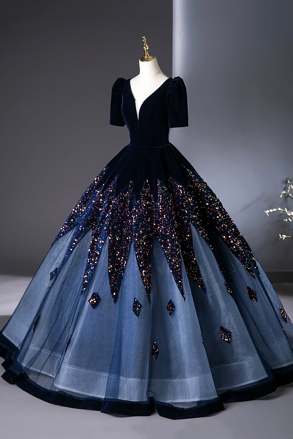 Blue V-Neck Velvet and Sequins Long Prom Dress, A-Line Short Sleeve Evening Party Dress