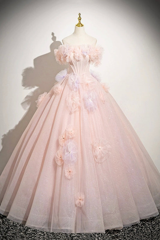 Pink Tulle Floor Length Prom Dress, Beautiful A-Line Off the Shoulder Party Dress