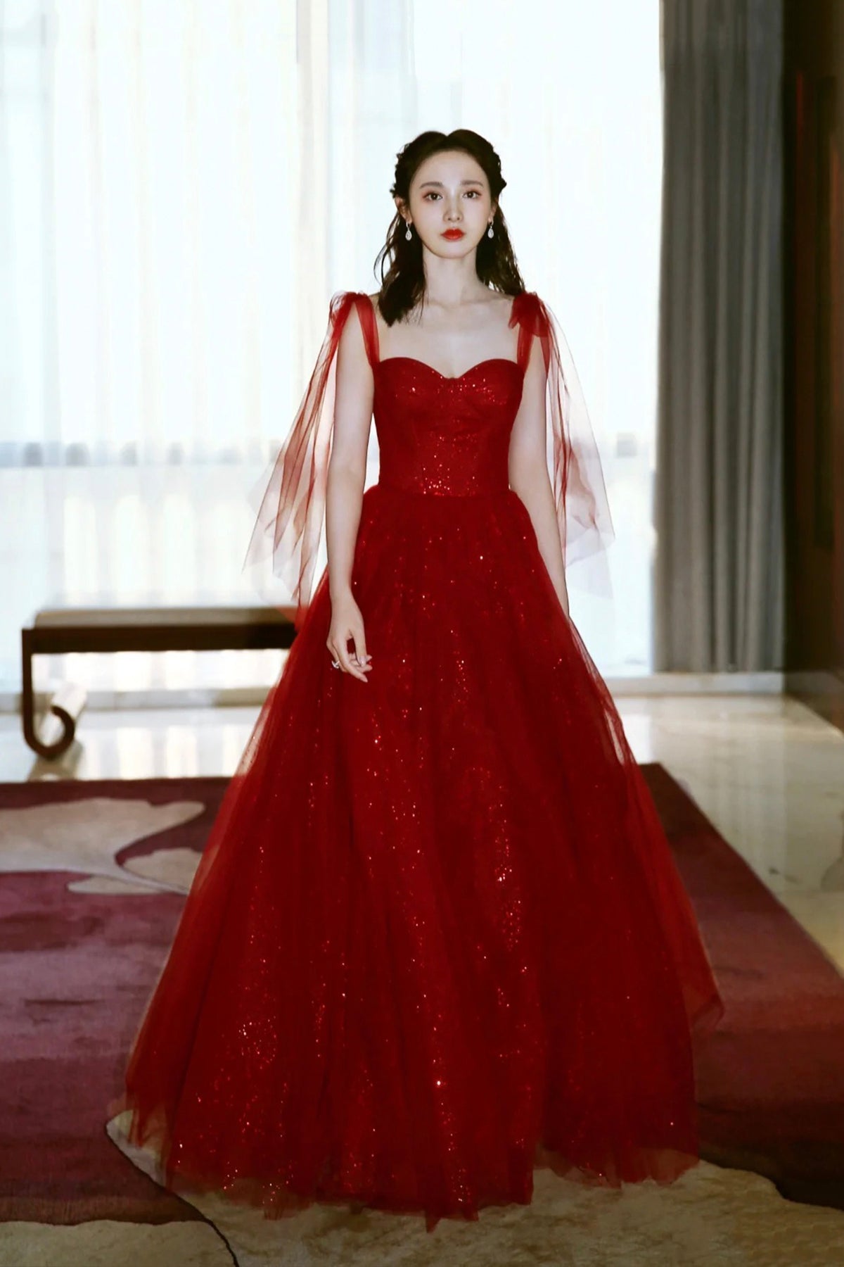 Dark Red Tulle Sequins Long Prom Dress, A-Line Evening Party Dress