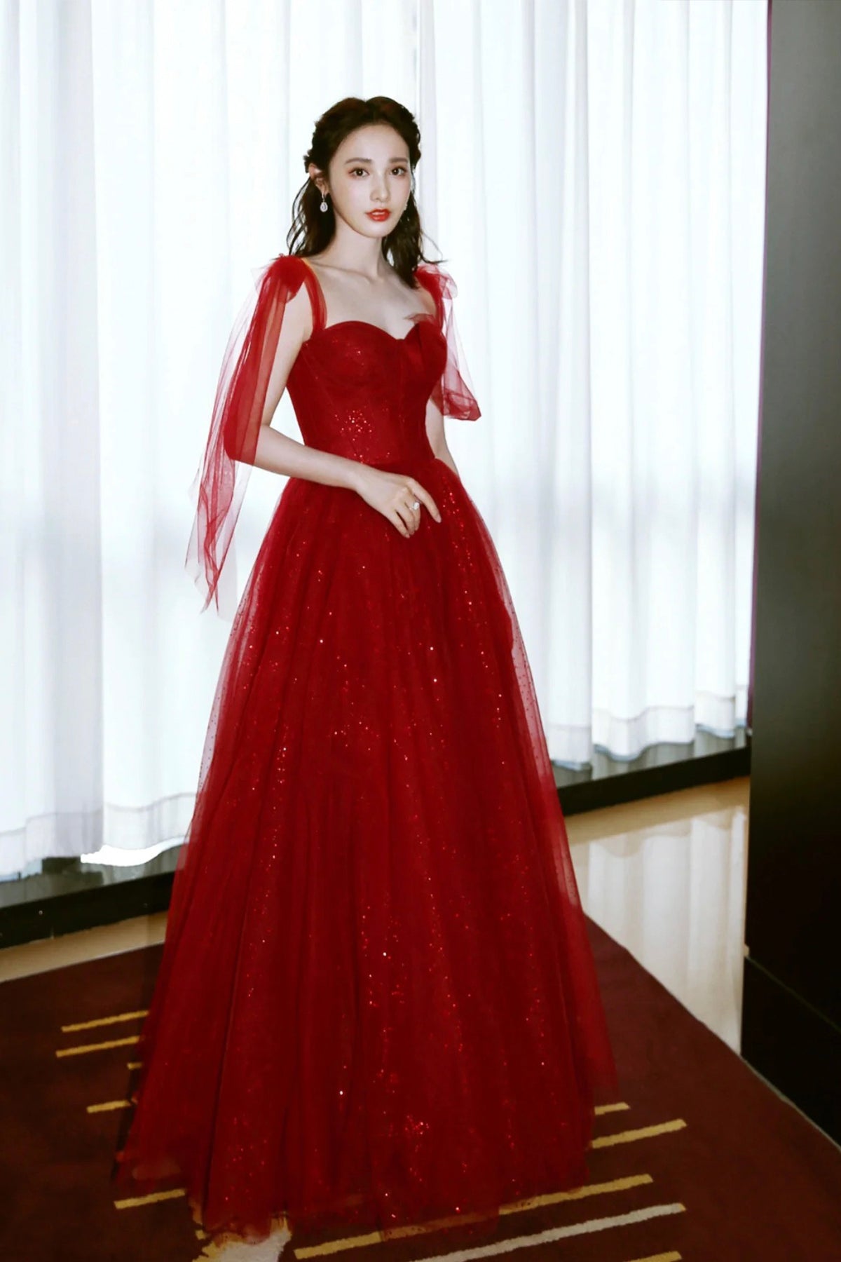 Dark Red Tulle Sequins Long Prom Dress, A-Line Evening Party Dress