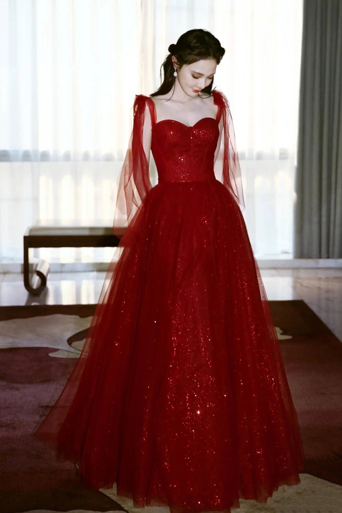 Dark Red Tulle Sequins Long Prom Dress, A-Line Evening Party Dress