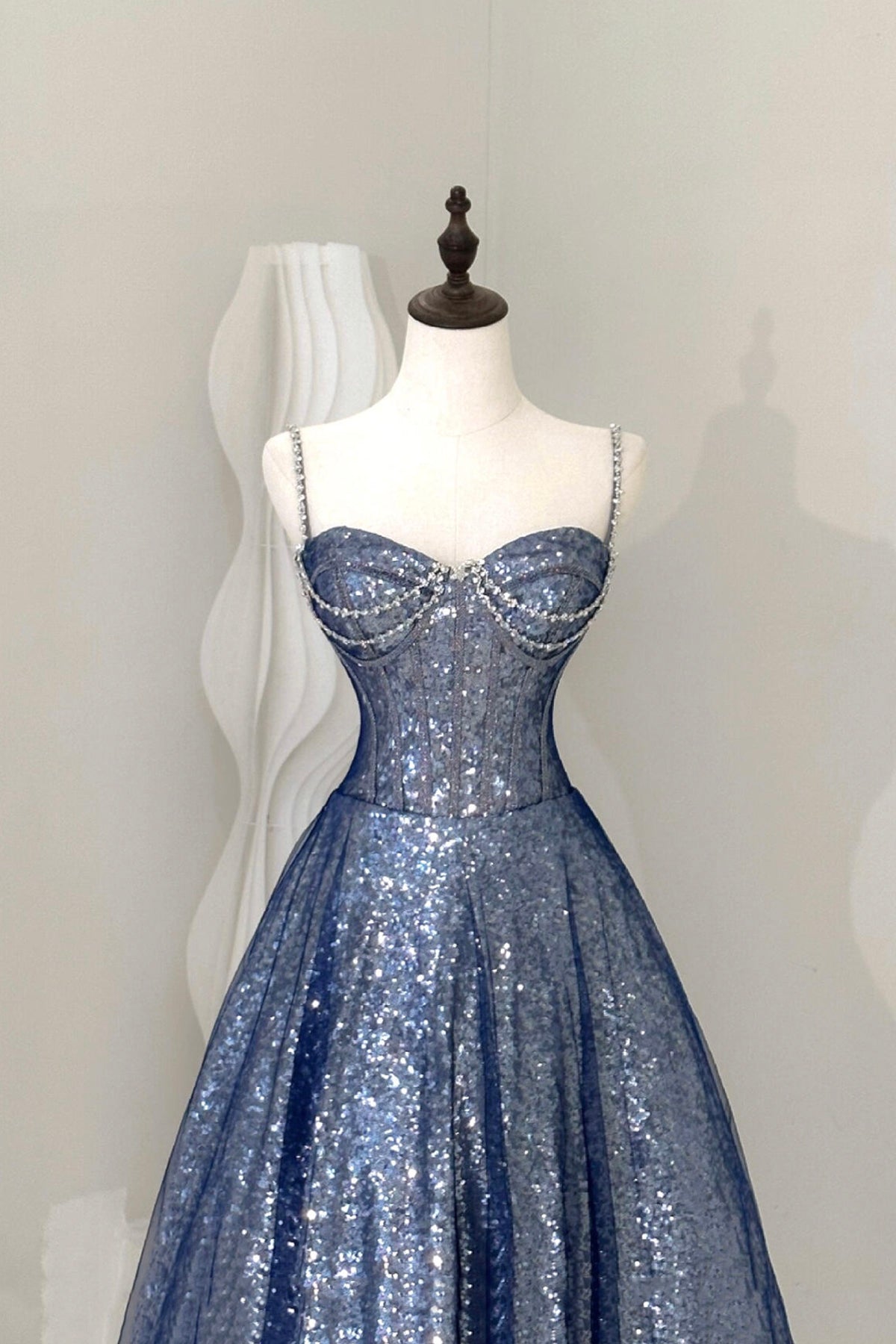 Blue Tulle Sequins Long Prom Dress, Blue Spaghetti Strap Evening Party Dress