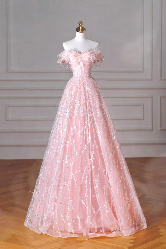 Pink Tulle Sequins Long Prom Dress, Beautiful Off the Shoulder Party Dress