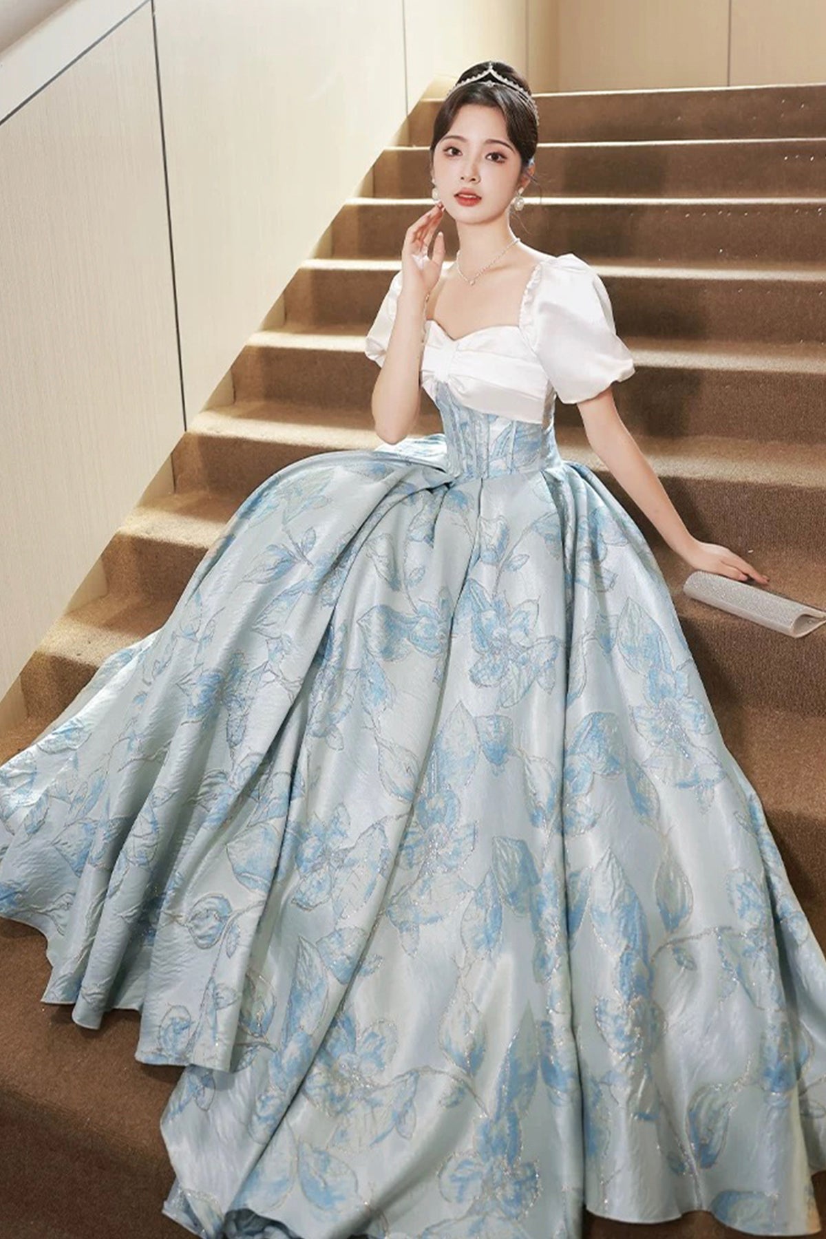 White and Blue Floral Pattern Long Prom Dress, Beautiful A-Line Party Dress