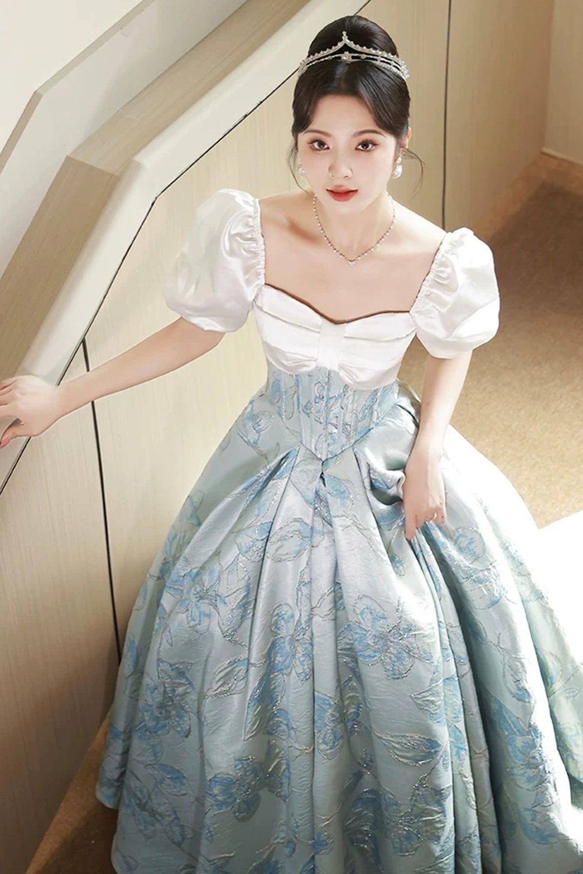 White and Blue Floral Pattern Long Prom Dress, Beautiful A-Line Party Dress