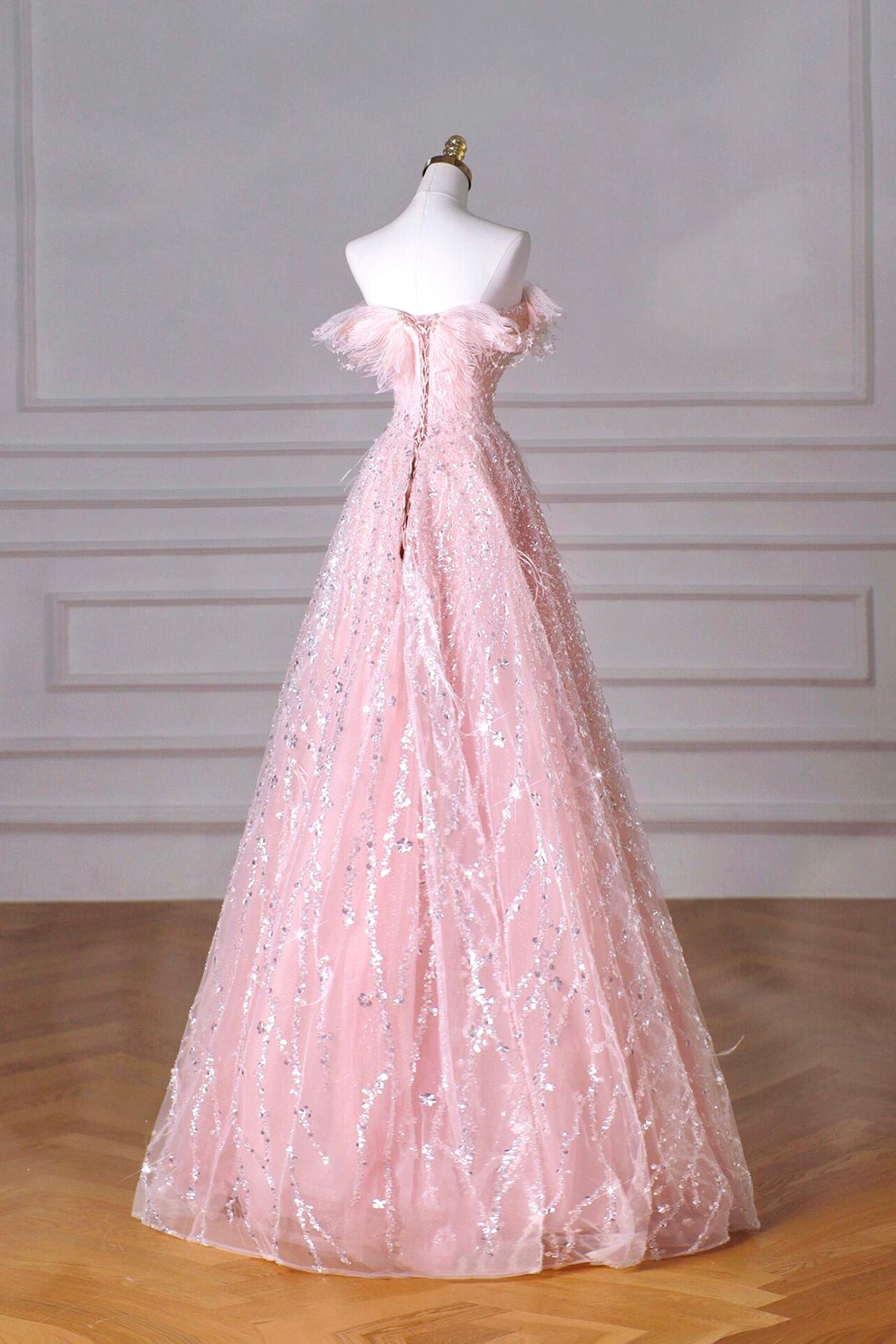 Pink Tulle Sequins Long Prom Dress, Beautiful Off the Shoulder Party Dress