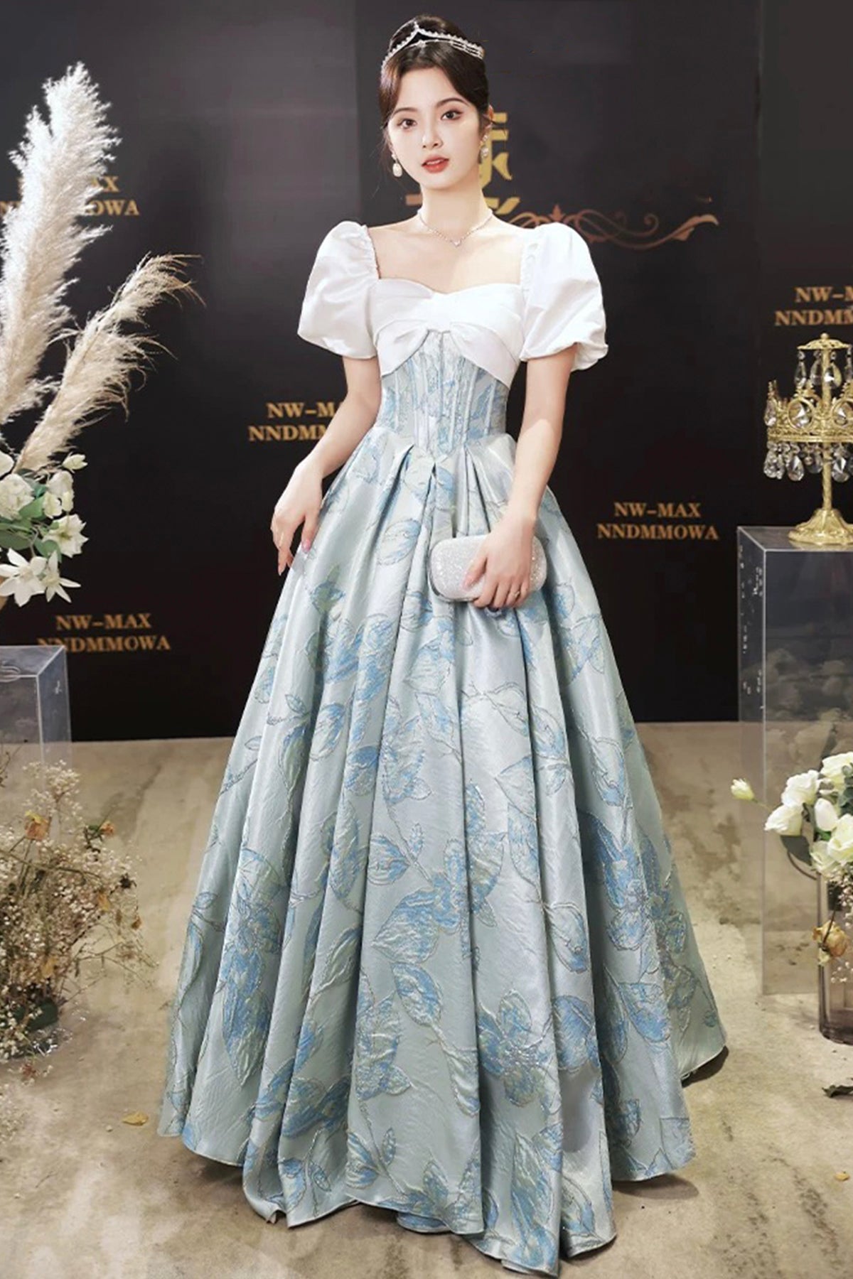 White and Blue Floral Pattern Long Prom Dress, Beautiful A-Line Party Dress