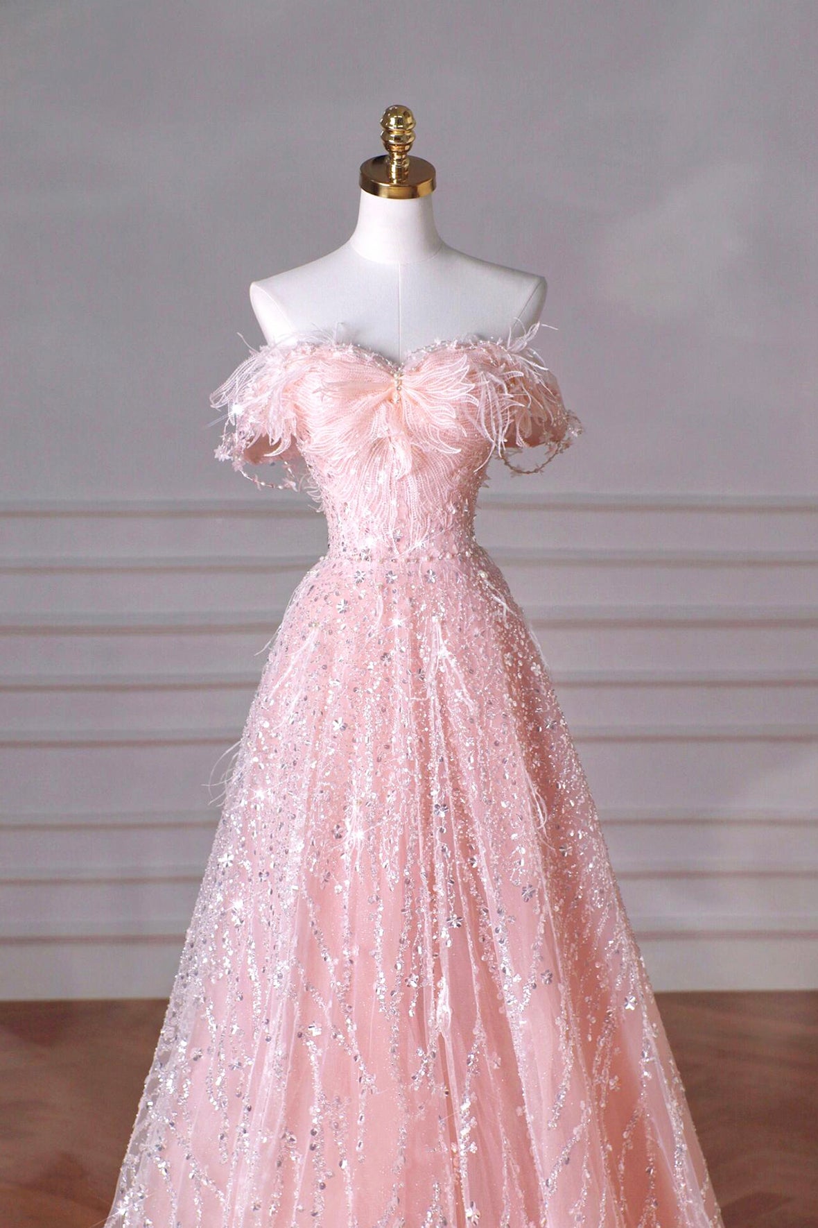 Pink Tulle Sequins Long Prom Dress, Beautiful Off the Shoulder Party Dress