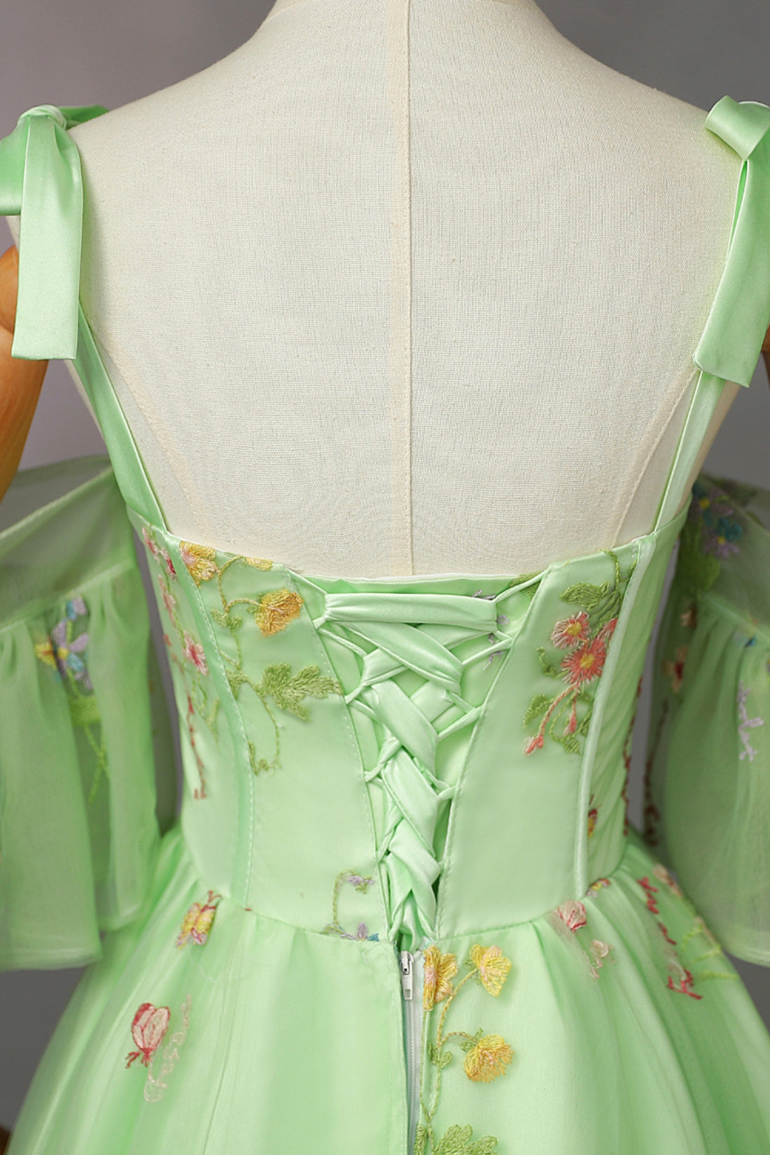 Green Floral Tulle Long Prom Dress, Beautiful Spaghetti Strap Evening Party Dress