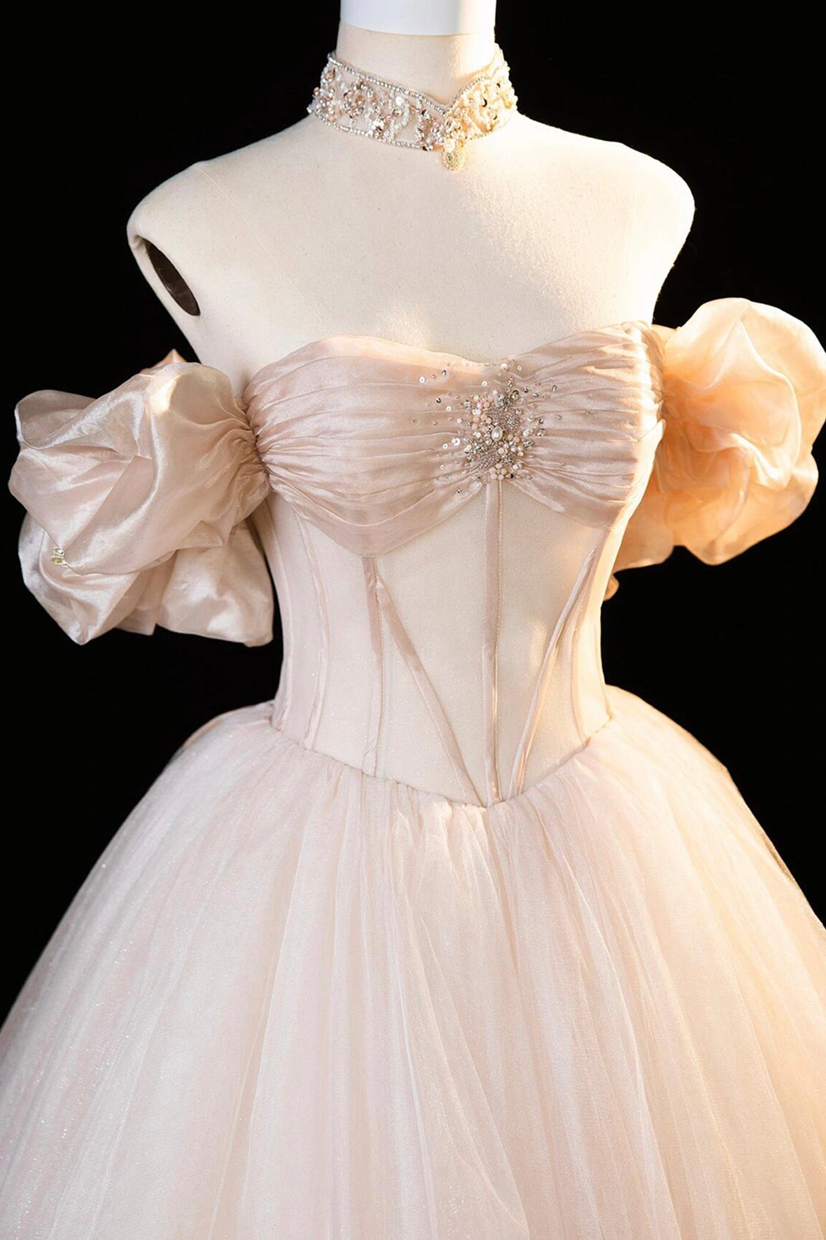 Champagne Tulle Long Prom Dress, Beautiful Off the Shoulder Evening Party Dress