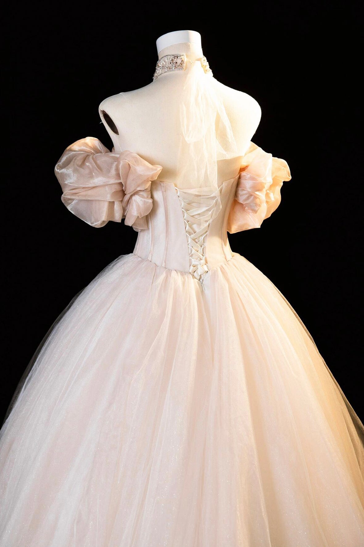 Champagne Tulle Long Prom Dress, Beautiful Off the Shoulder Evening Party Dress