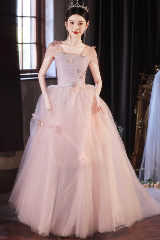 Pink Tulle Long Prom Dress, Beautiful A-Line Evening Party Dress