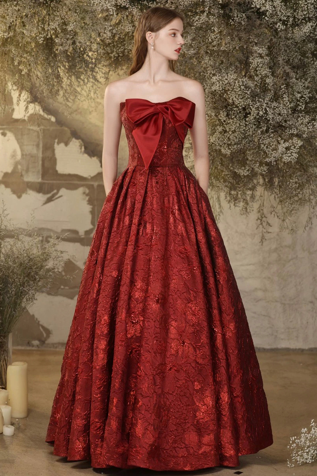 Burgundy Printed Pattern Strapless Long Prom Party Dress