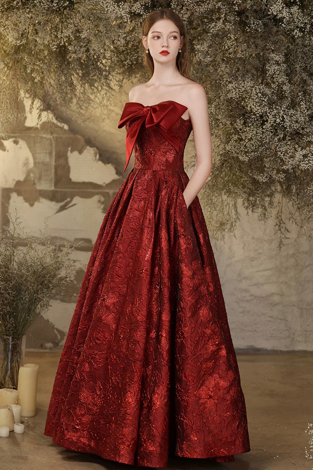 Burgundy Printed Pattern Strapless Long Prom Party Dress