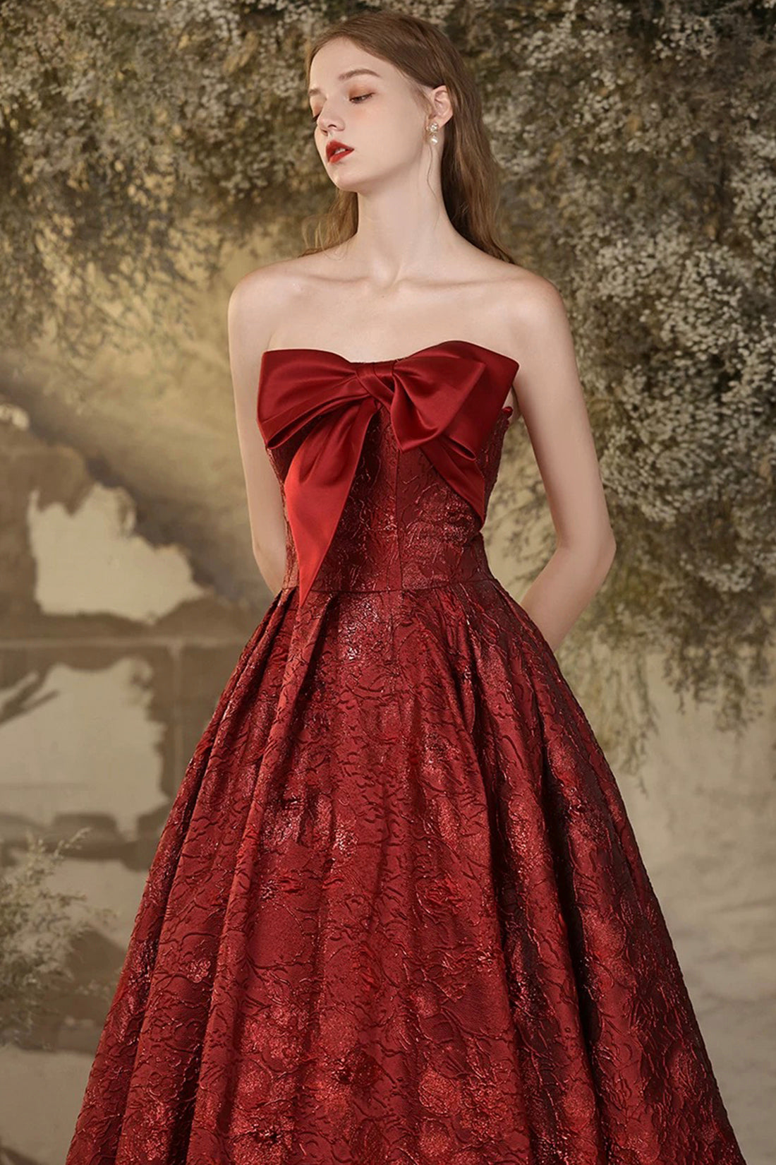 Burgundy Printed Pattern Strapless Long Prom Party Dress