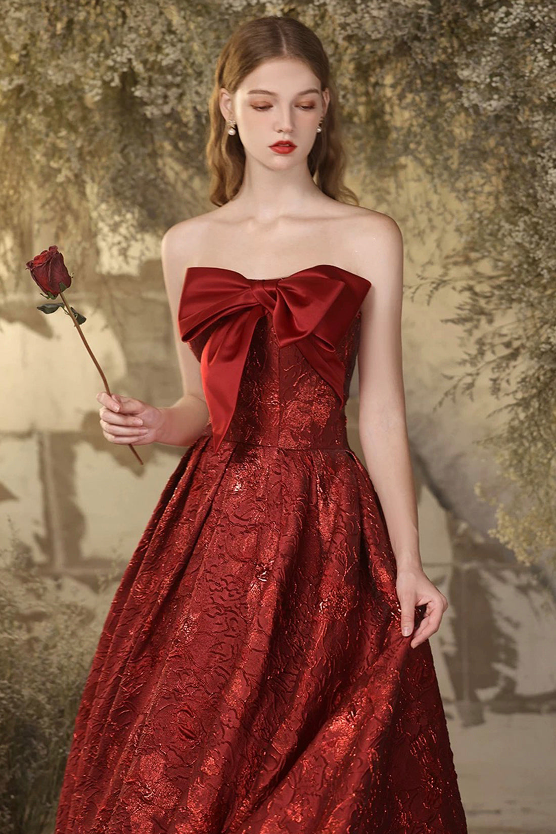 Burgundy Printed Pattern Strapless Long Prom Party Dress