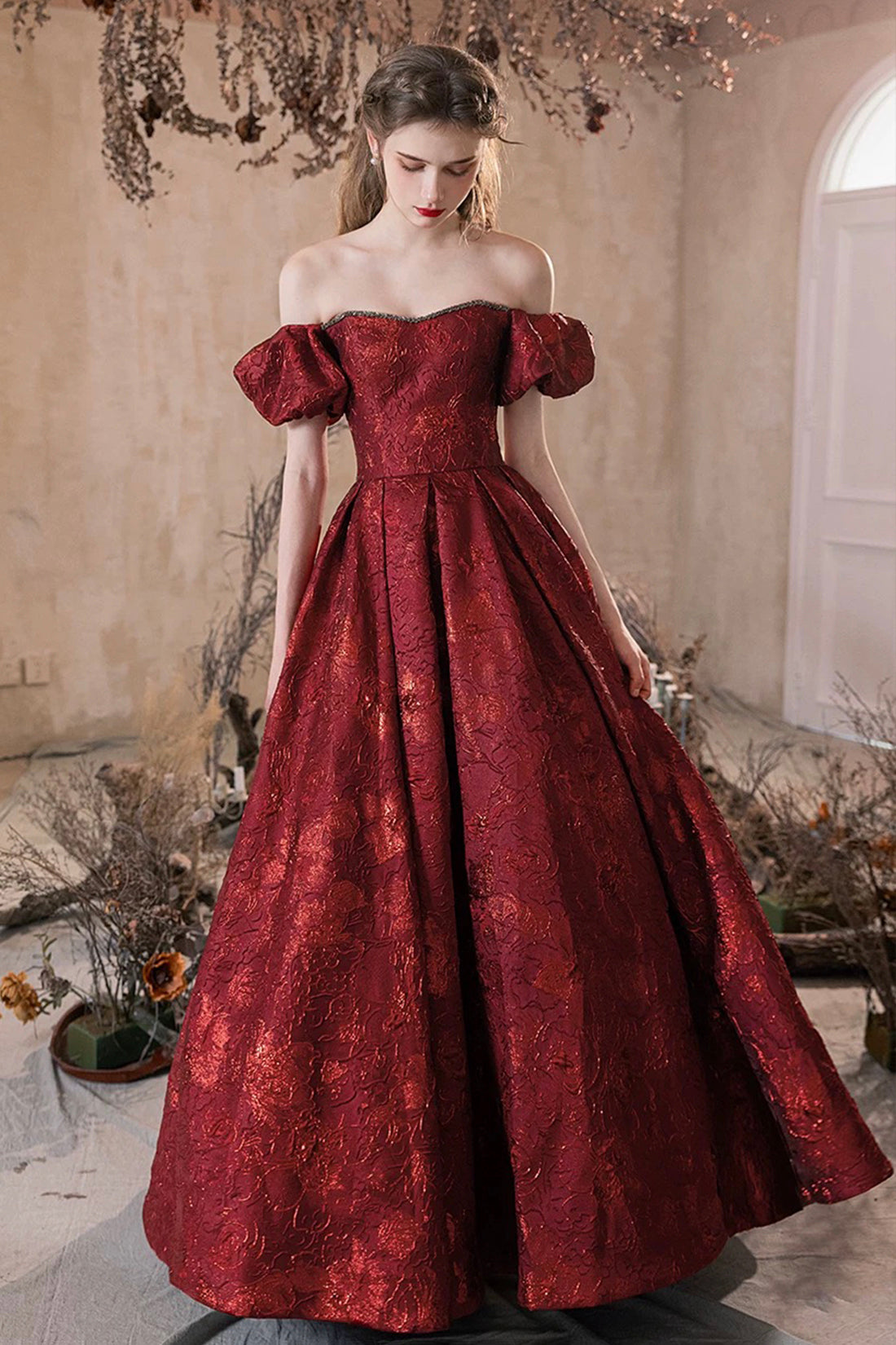 Burgundy Printed Pattern Off the Shoulder Prom Party Dress