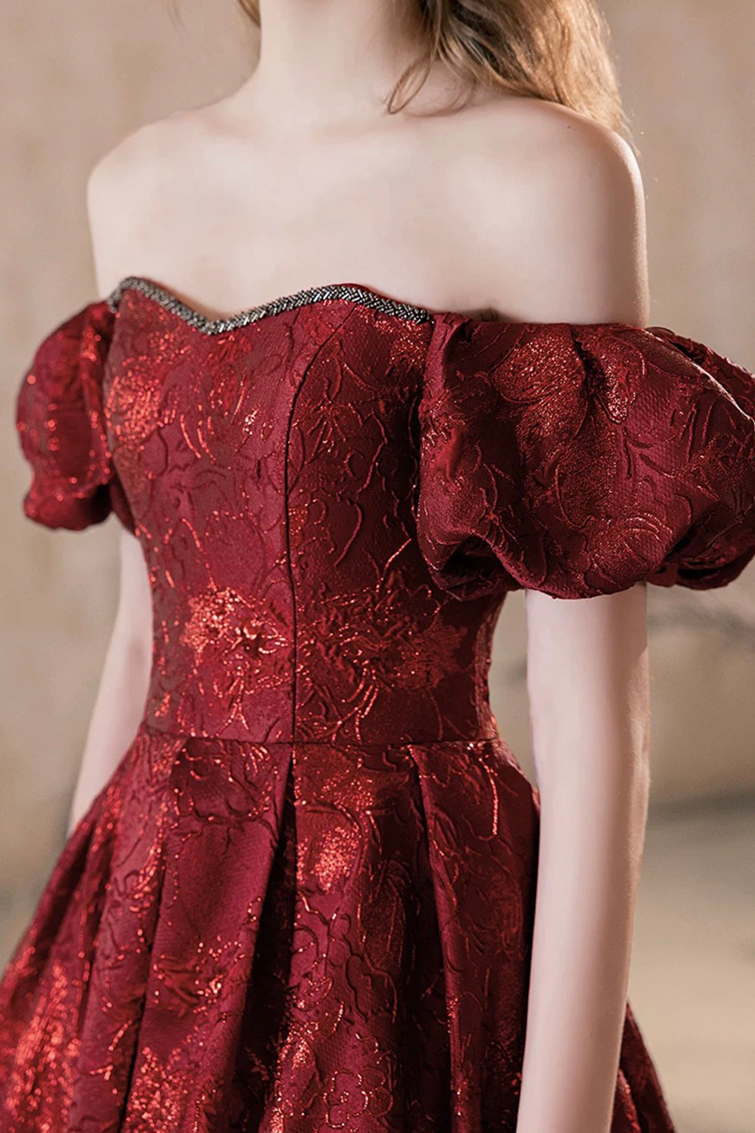 Burgundy Printed Pattern Off the Shoulder Prom Party Dress