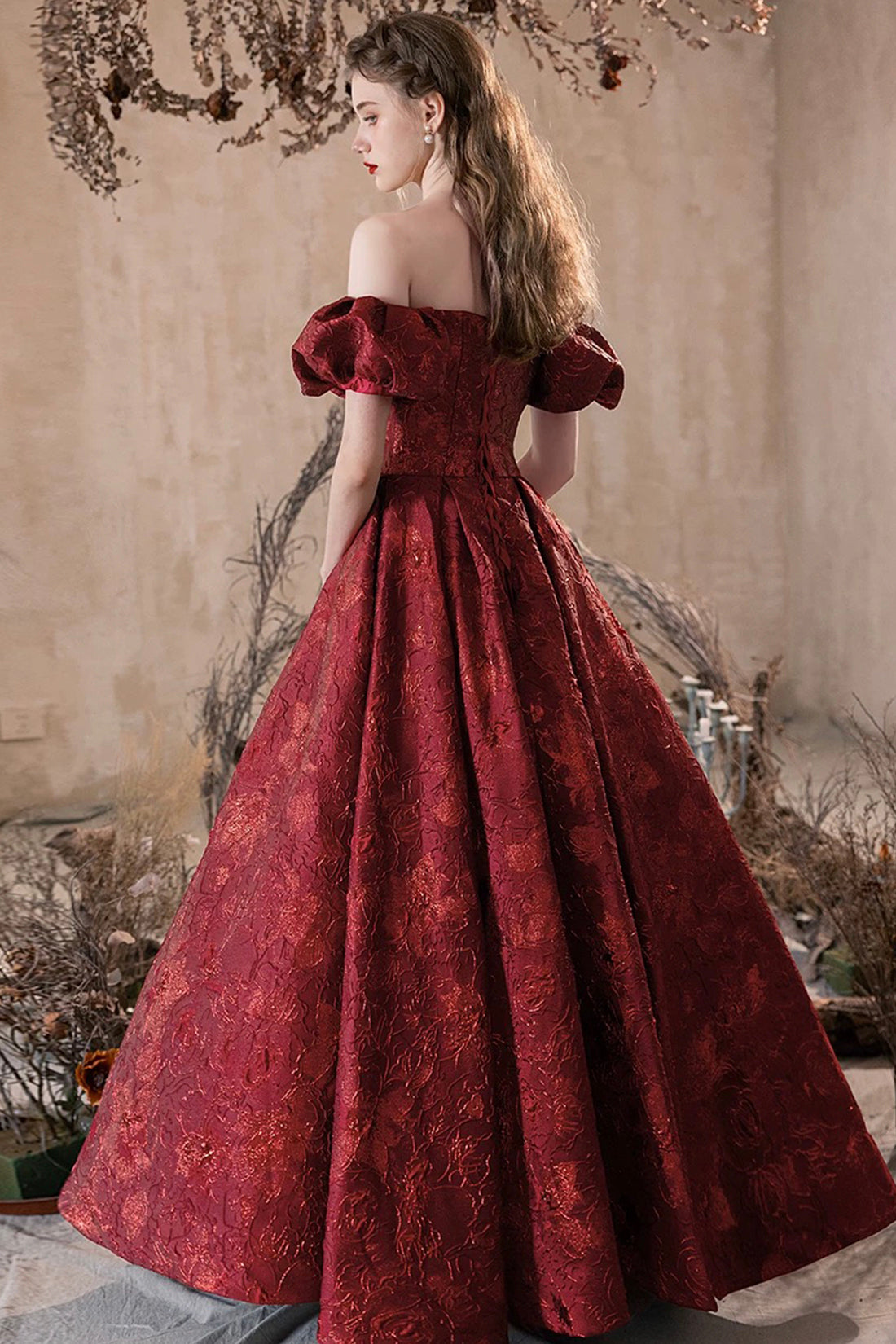 Burgundy Printed Pattern Off the Shoulder Prom Party Dress