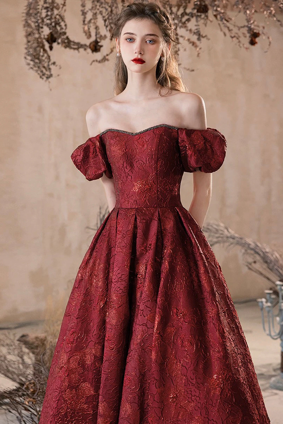 Burgundy Printed Pattern Off the Shoulder Prom Party Dress